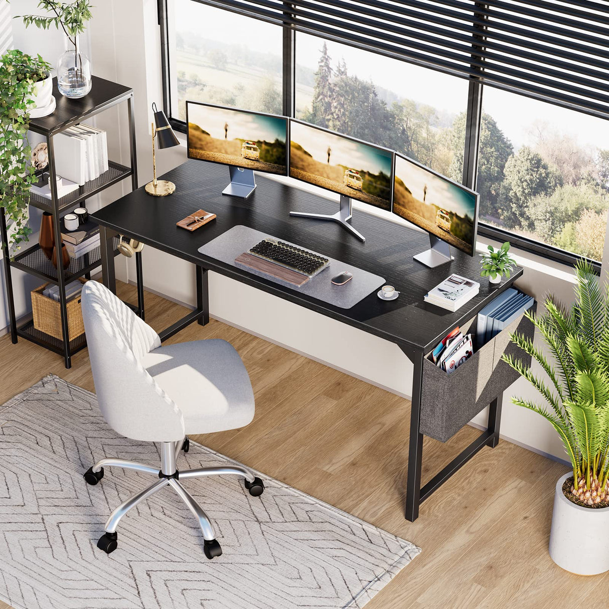 OLIXIS Computer Desk 63 Inch Home Office Work Study Writing Student Kids Bedroom Wood Simple 2 Person PC Table with Storage Bag & Headphone Hooks, Modern Black OLIXIS