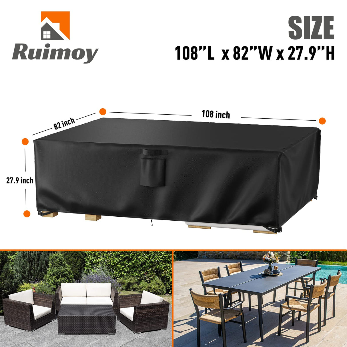 Ruimoy Patio Furniture Covers, Outdoor Furniture Cover Waterproof, General Purpose, Outside Table and Chair Covers, Heavy Duty 600D (108 Inch L x 82 Inch W x 27.9 Inch H) Ruimoy