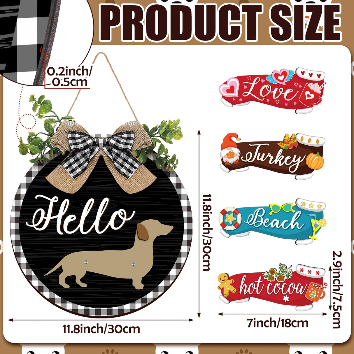 Glenmal 16 Pcs Seasonal Dachshund Door Decor for All Season and Holiday Hanging Cute Christmas Dachshund Welcome Sign Rustic Wooden Farmhouse Front Door Signs Outdoor(Black with Plaid Frame) Glenmal
