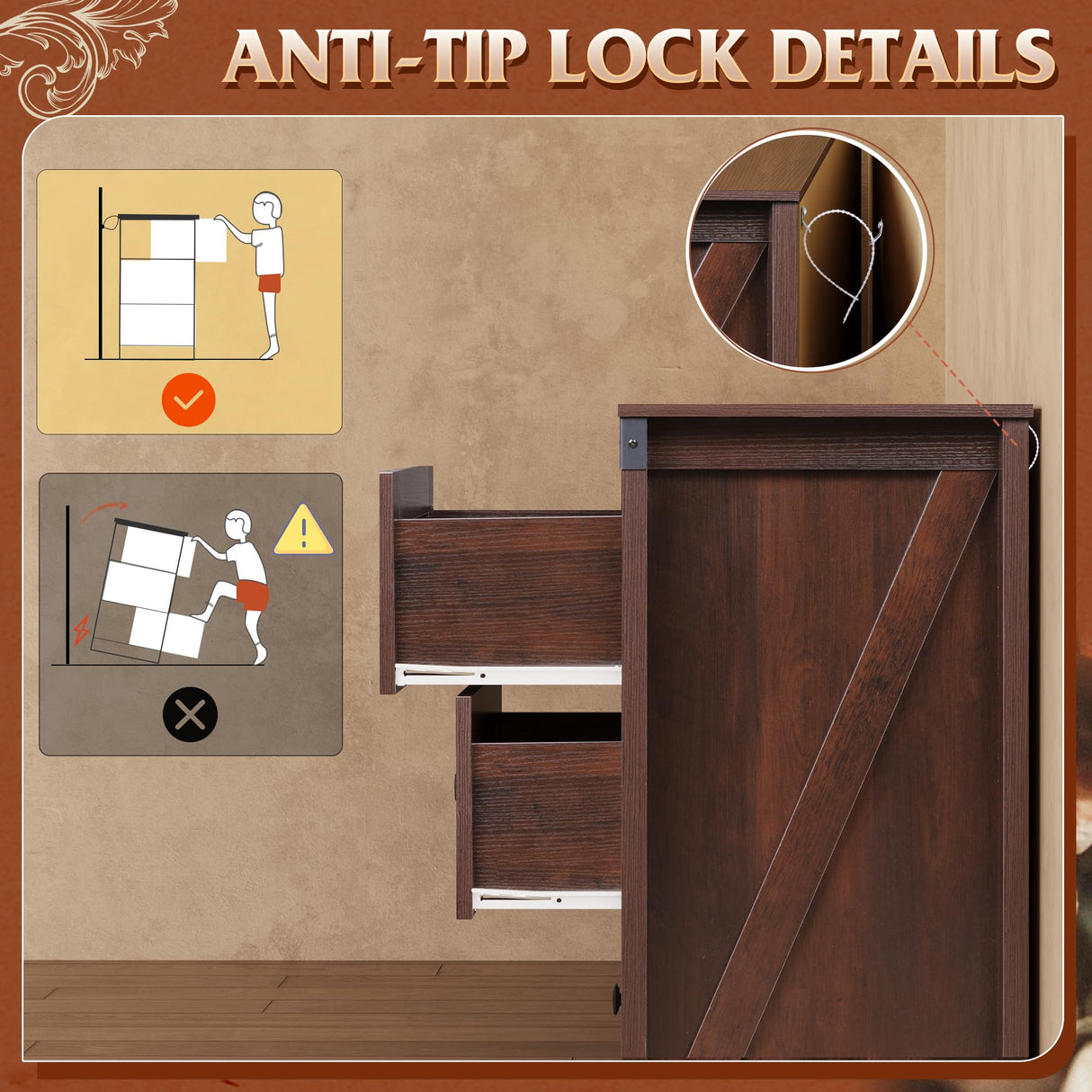 WLIVE Farmhouse 6 Drawer Dresser for Bedroom, 53.07'' Wide Wood Dresser, Storage Dresser Organizer with Double Rustic Handle, TV Stand for 60 inch TV, Chest of Drawers for Living Room, Hallway, Brown WLIVE