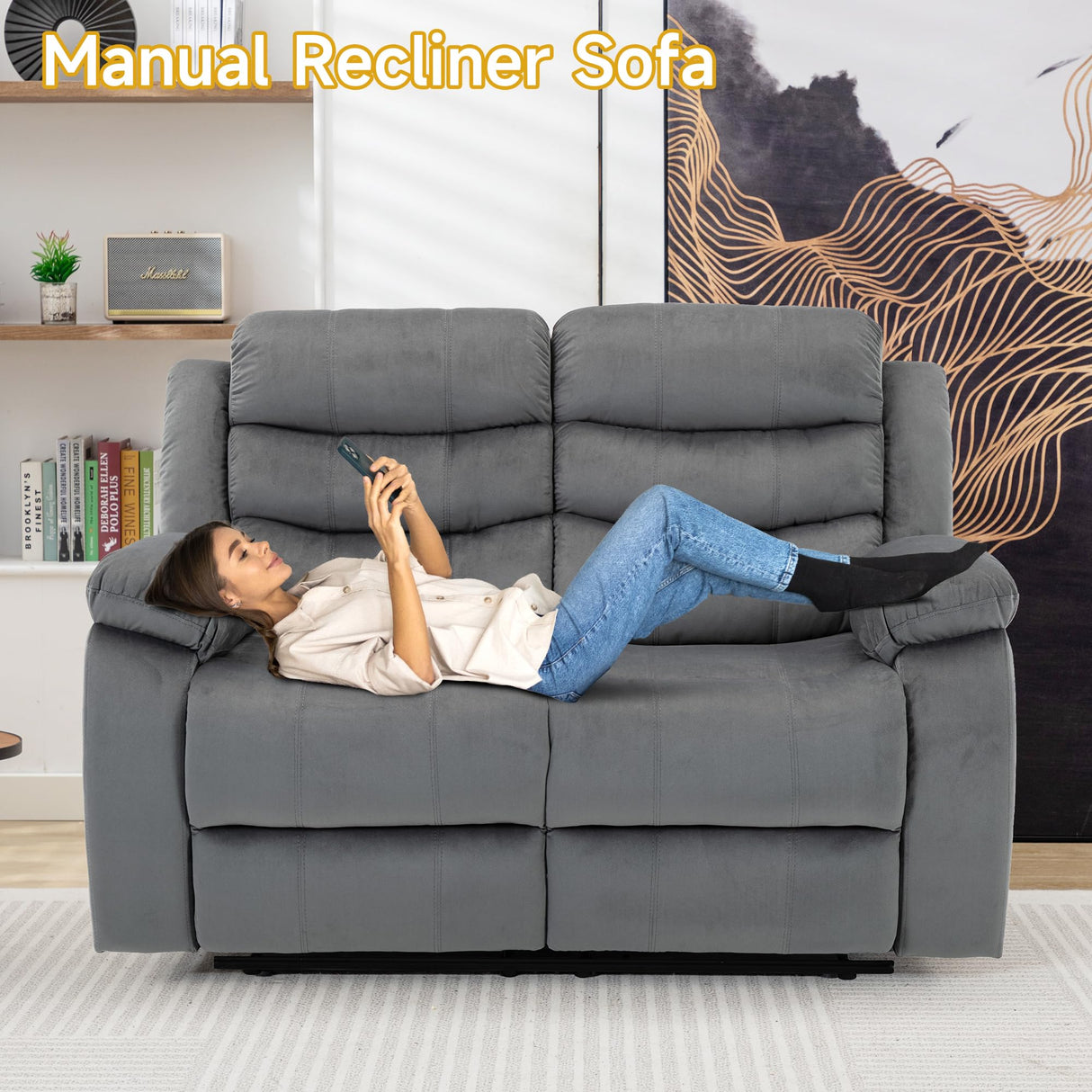 GNMLP2020 Reclining Loveseat Recliner Sofa Couch 2 Seater with Side Pocket, Velvet Double Wall Hugger Loveseat Recliner Sofas for Living Room, RV, Home Theater(Loveseat, Grey) GNMLP2020