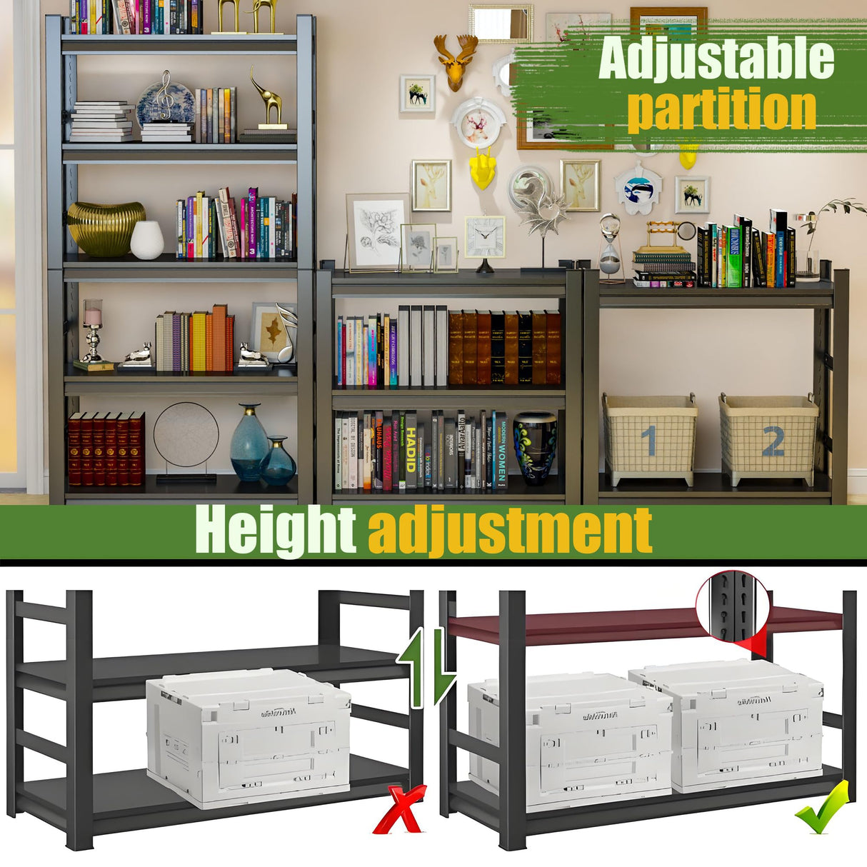 5-Tier Industrial Book Shelf, Tall Bookcase, Office Shelf Storage Organizer, Adjustable Heavy Duty Bookshelves, Modern Book Shelf for Living Room, Bedroom, and Home Office, Black, 63"H*15.75"D*32"W Notmise