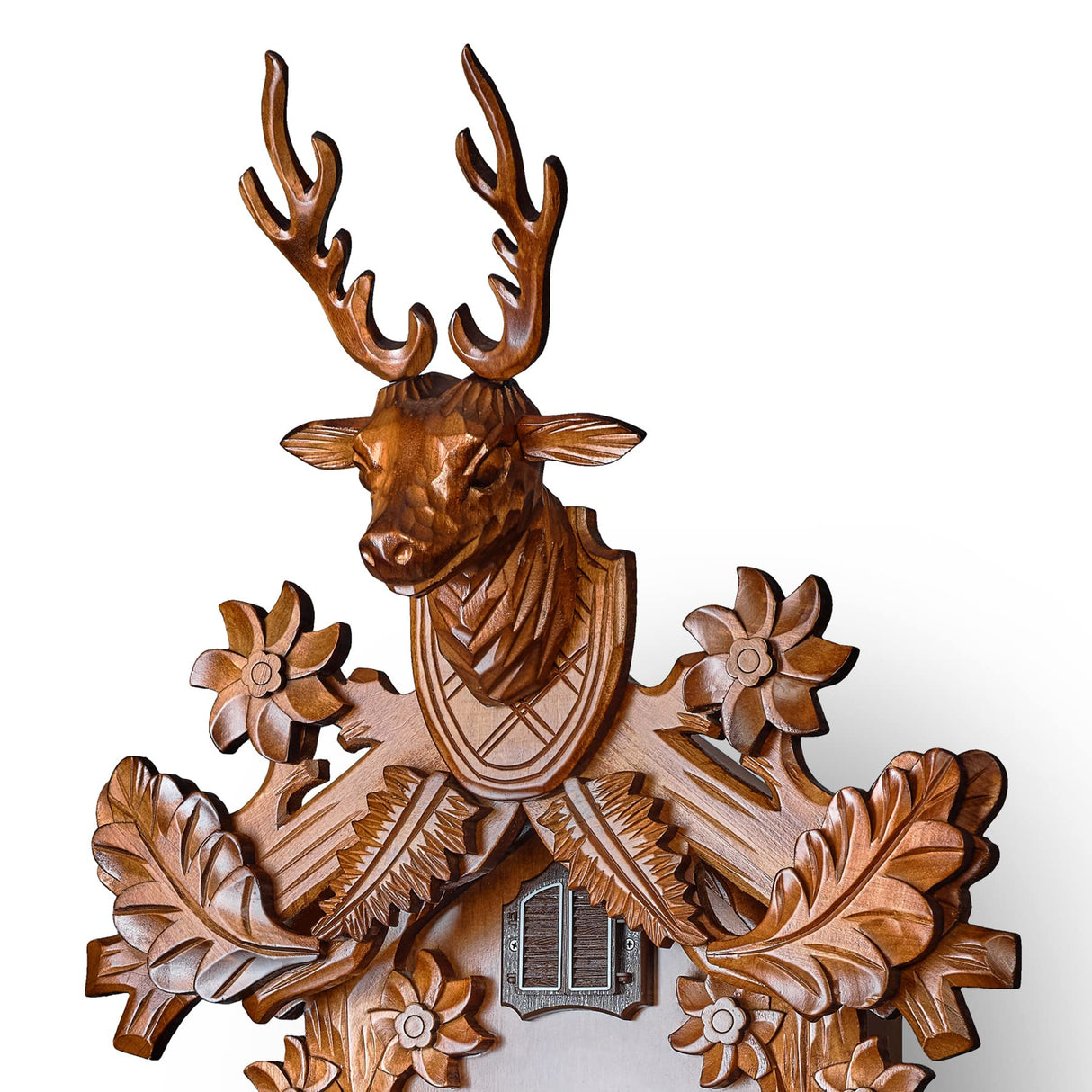 TIMEGEAR Cuckoo Clock with Automatic Night Mode, Hand Carved Deer Head and Wooden Decorations (Brown) TIMEGEAR