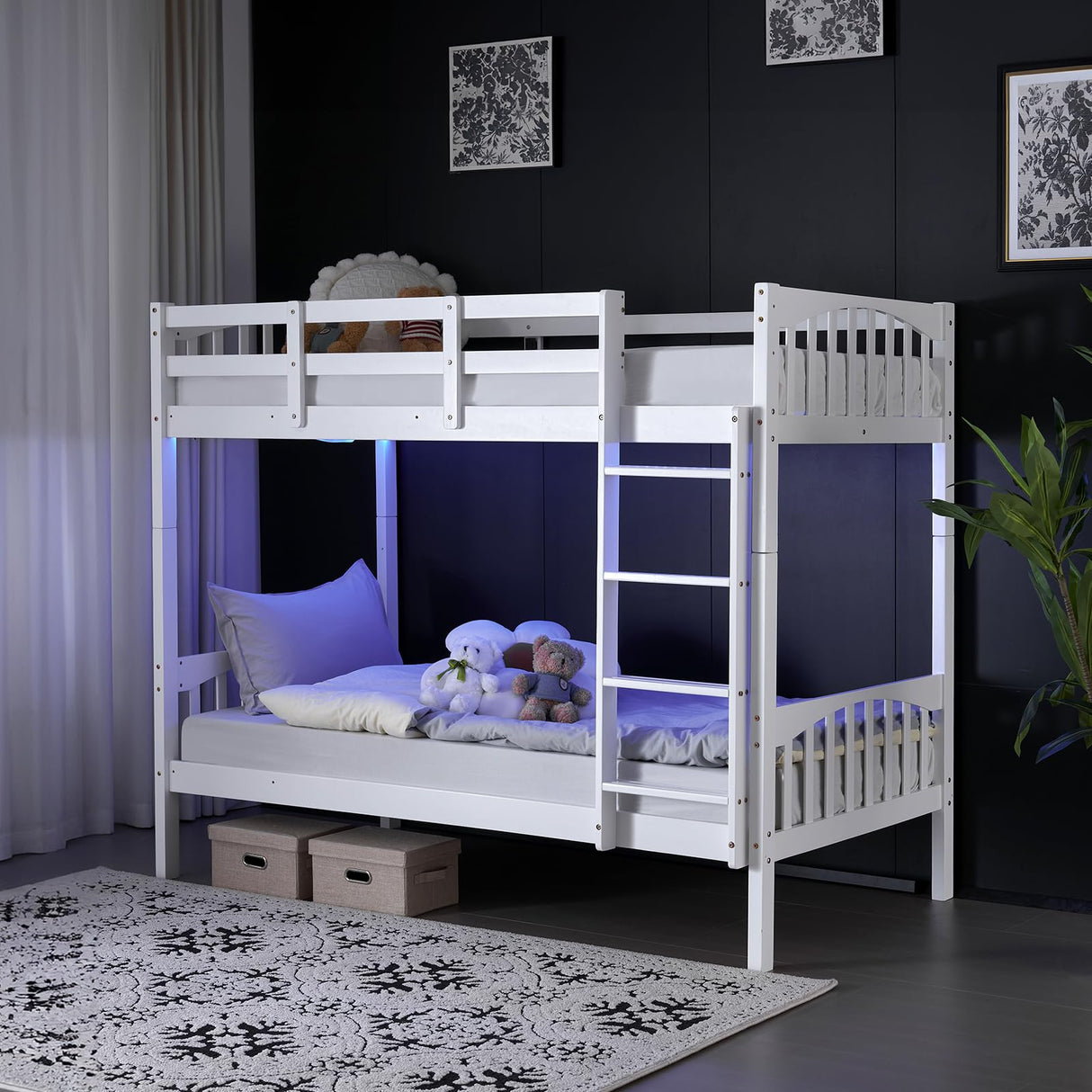VINGLI Solid Wood Bunk Bed Twin Over Twin with LED Lights/USB Port Charge Station/Extra 15 inches Tall Guardrail/Scoring Rungs, White VINGLI