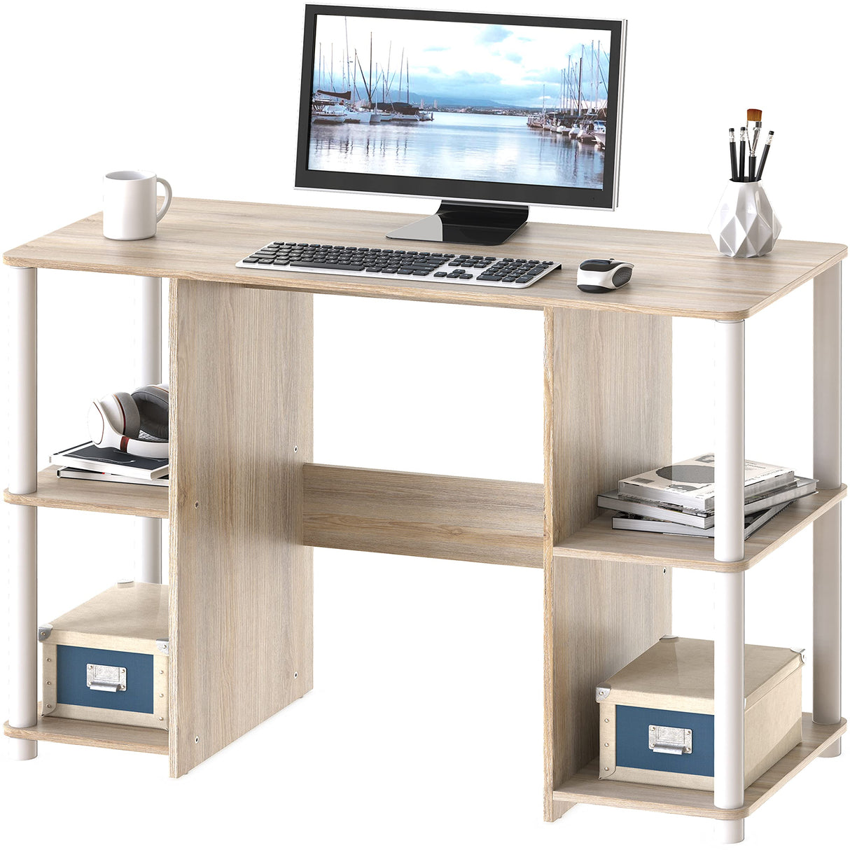 SHW Home Office Wood Desk with Double Sided Shelves, Oak SHW