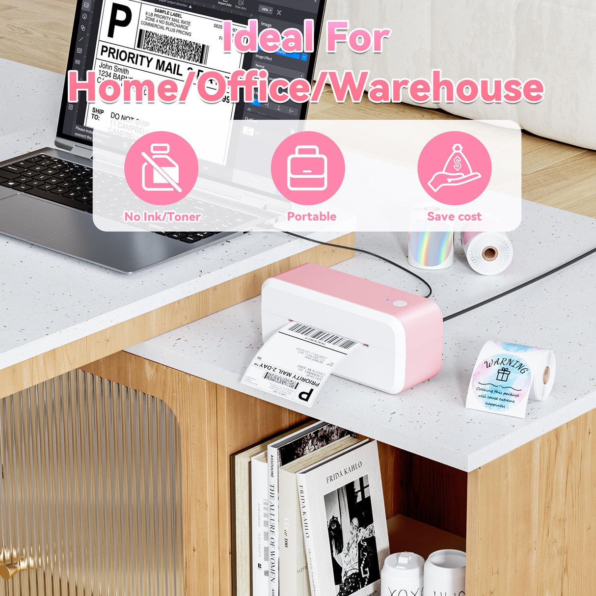 Bluetooth Shipping Label Printer, 4x6 Thermal Label Printer for Shipping Packages & Small Business, Compatible with IOS, Android, Windows and Mac, Widely Used for Ebay, Shopify, Amazon, Etsy (Pink) NelkoGlobal