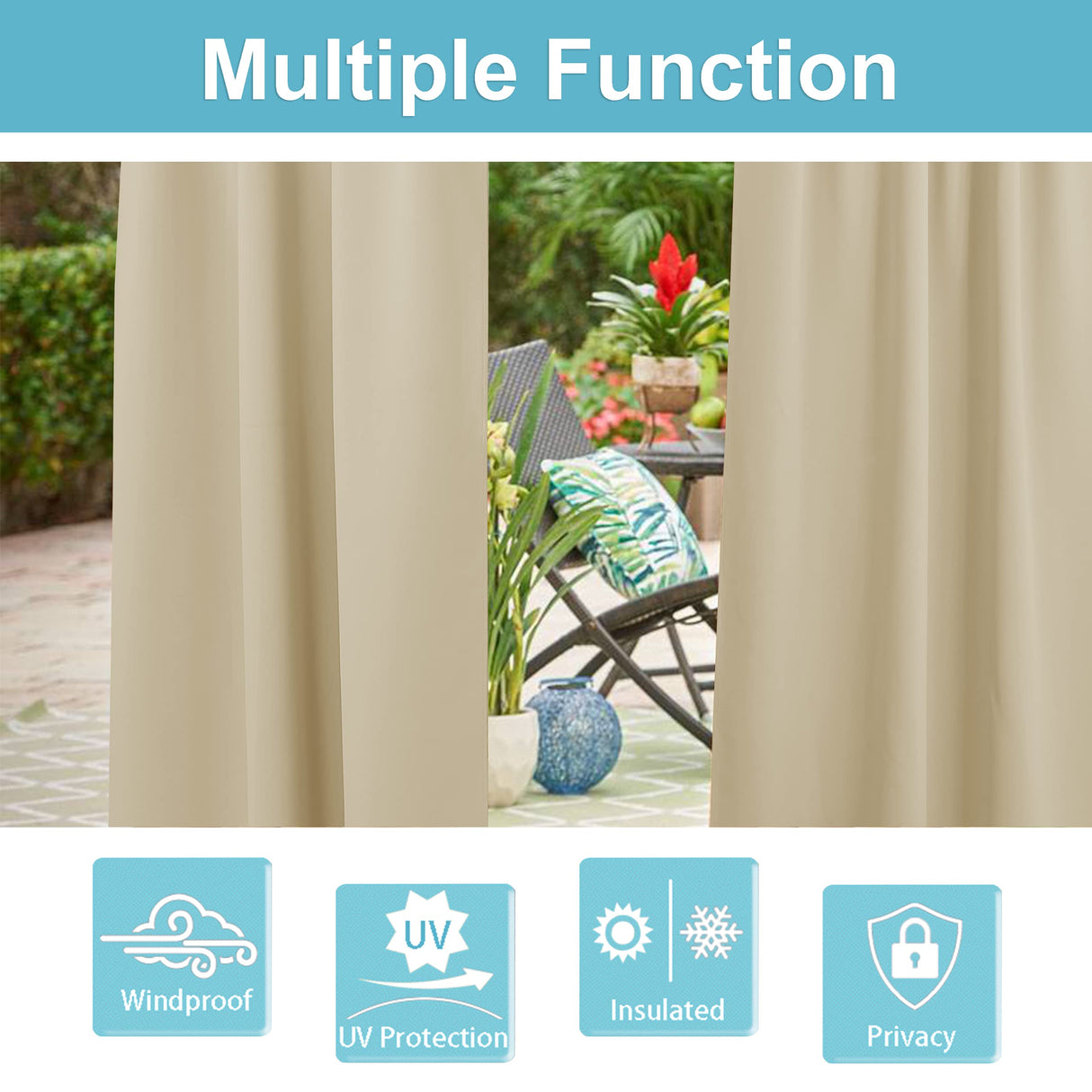 RYB HOME Outdoor Patio Curtains - Blackout Waterproof Porch Curtains & Drapes Privacy Protect Sunight Block for Pavilion Pergola Porch, 1 Panel, W 52 x L 84 inch, Cream Beige RYB HOME