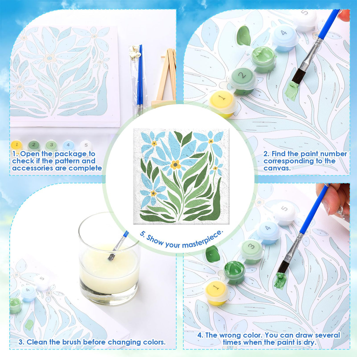 RoundFunny 8 Set Paint by Numbers Kit for Adults with 8x8 Inch Mini Simple Painting Canvas Wooden Frame Easel Acrylic Paints Brushes Funny Numbers Drawing Kit for Gift Home Wall Decor(Simple Blossom) RoundFunny