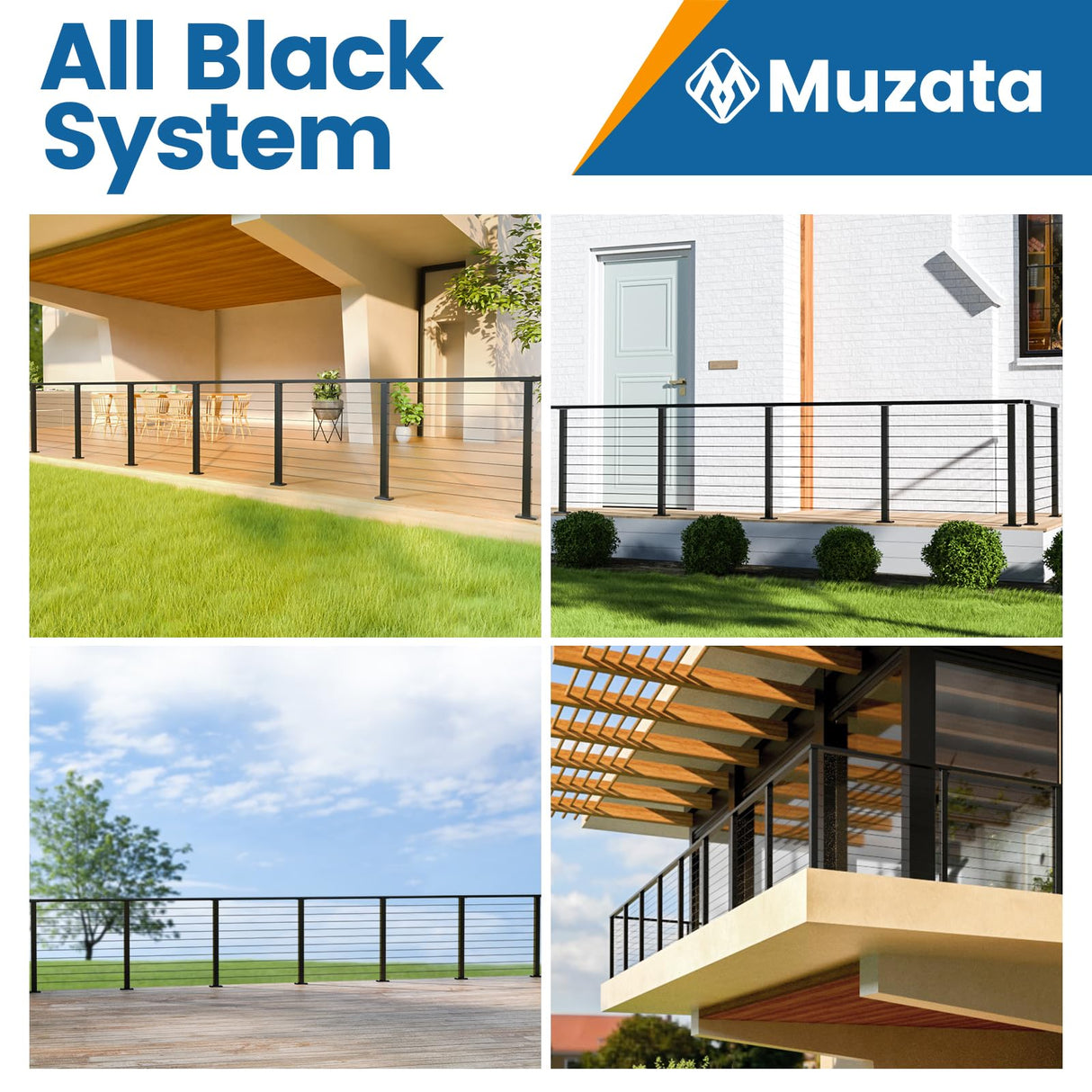 Muzata 15ft-20ft Complete Set 42" Cable Railing Post Kit Include 4Pack Black Posts PS01, 250ft Wire Rope, Swageless Cable Railing System DIY Kit (No Handrail) RWS2 BH4L Muzata