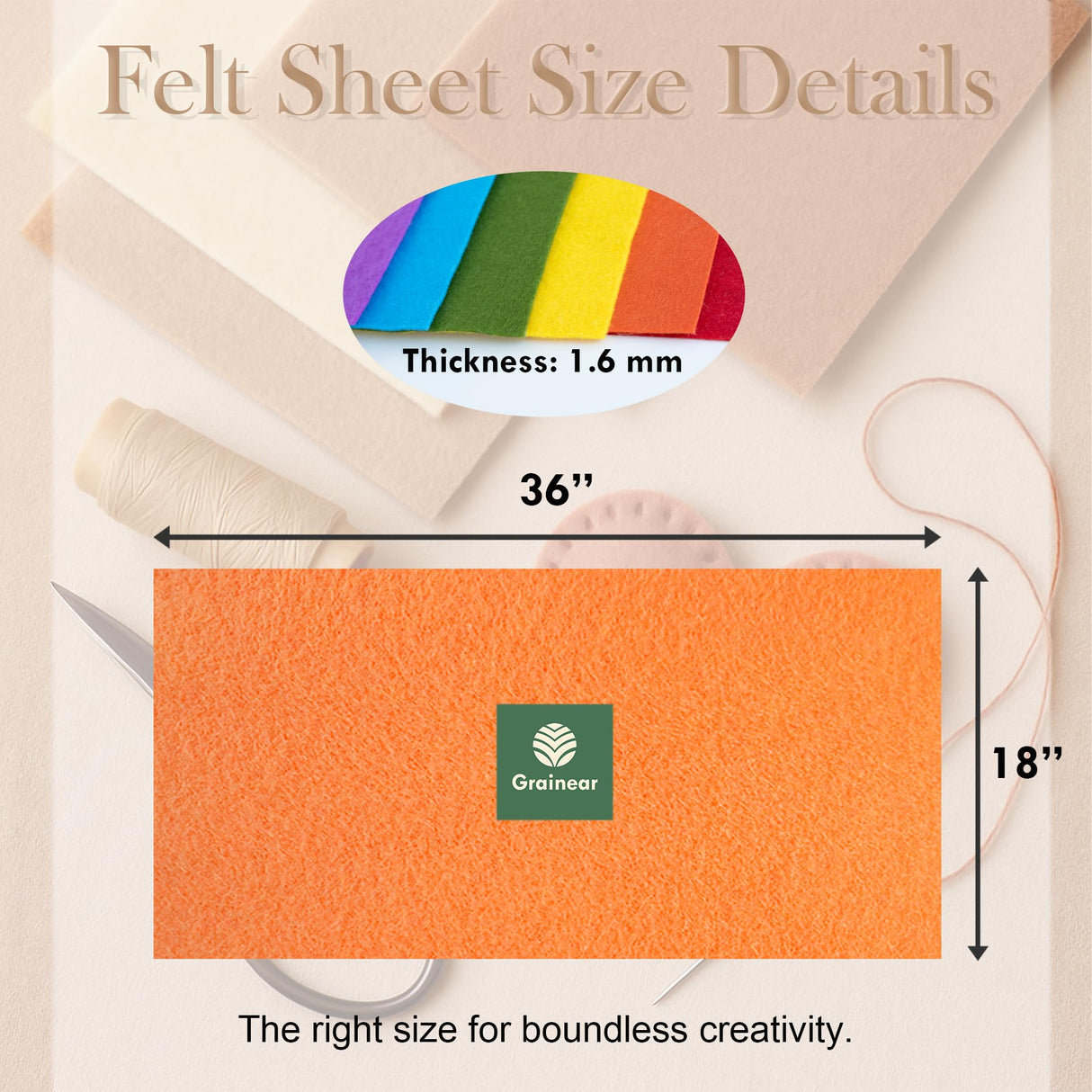 Ivory Soft Felt Fabric Sheet, 18" x 36", 1.6mm Thick - Premium Craft Felt for Sewing, DIY Projects, Embroidery, Decoration - Durable & Fade Resistant Grainear