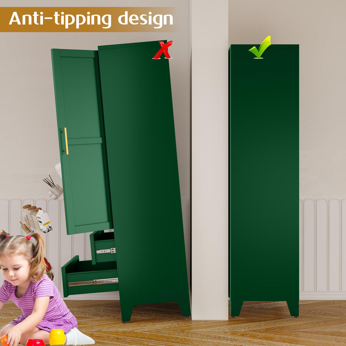 GAIOUS Steel Pantry Cabinet, 71" Metal Storage Cabinets with 2 Doors, 2 Adjustable Shelf and 2 Drawers, Freestanding Storage Cabinet for Bedroom, Kitchen, Living Room, Home Office (Green) GAIOUS