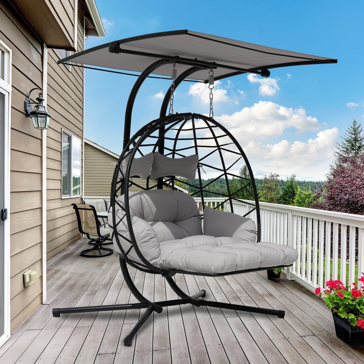 Double Egg Chair Outdoor with Stand & Adjustable Canopy, Extra Large 2 Person Patio Egg Chair with Leg Rests, Hanging Swing Chair with Thickened Cushion, Swinging Love Seat for Outdoor Patio (HQH) VIXLON