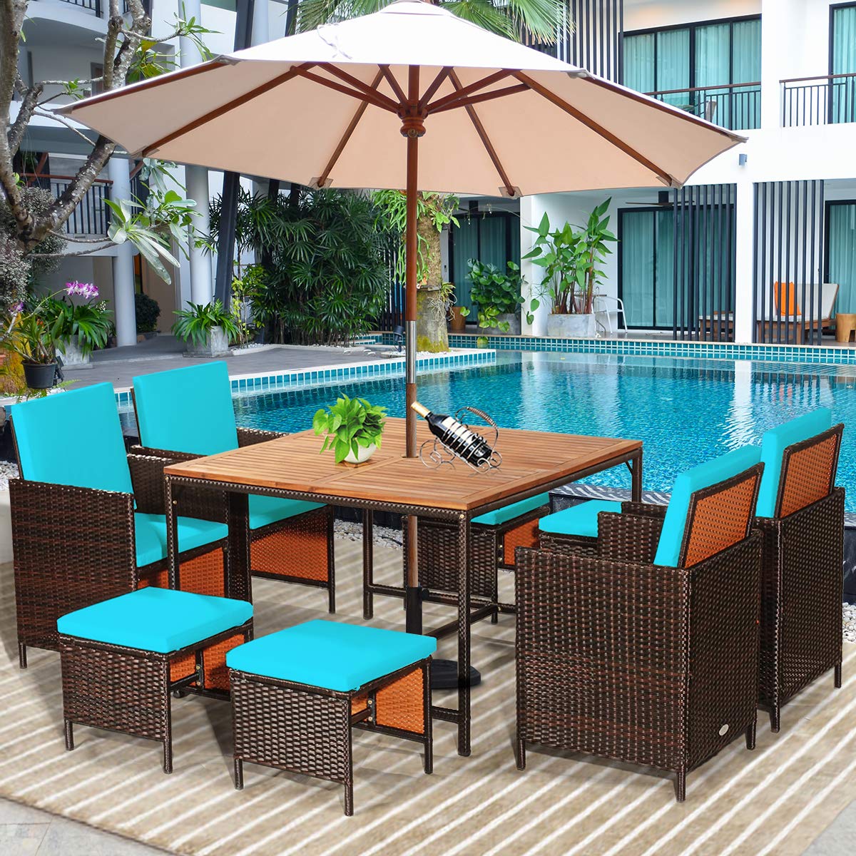 COSTWAY 9PCS Patio Rattan Dining Set Cushioned Chairs Ottoman Wood Table Top Turquoise COSTWAY