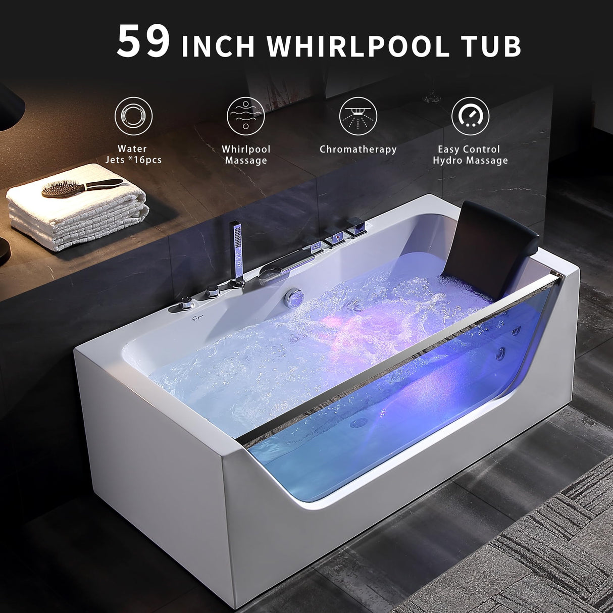 Empava 59 x 29" Whirlpool Tub,750W Acrylic Jetted Bathtub with 11 Jets,Hydromassage with Chromatherapy,3-Side Apron,58 Gallons,ETL Certified Empava