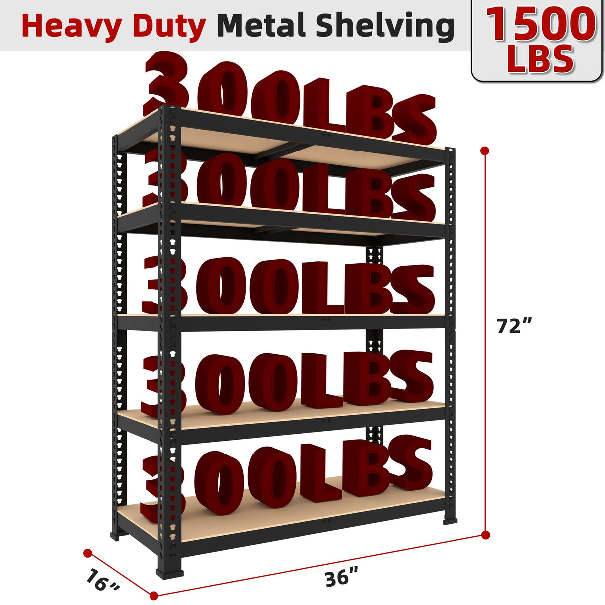 BuxWellBang 5 Tier Garage Storage Shelves - 36" W x 16" D x 72" H Heavy Duty Adjustable Shelving Unit, Metal Organizer Utility Rack for Basement, Pantry, Kitchen, Black BuxWellBang