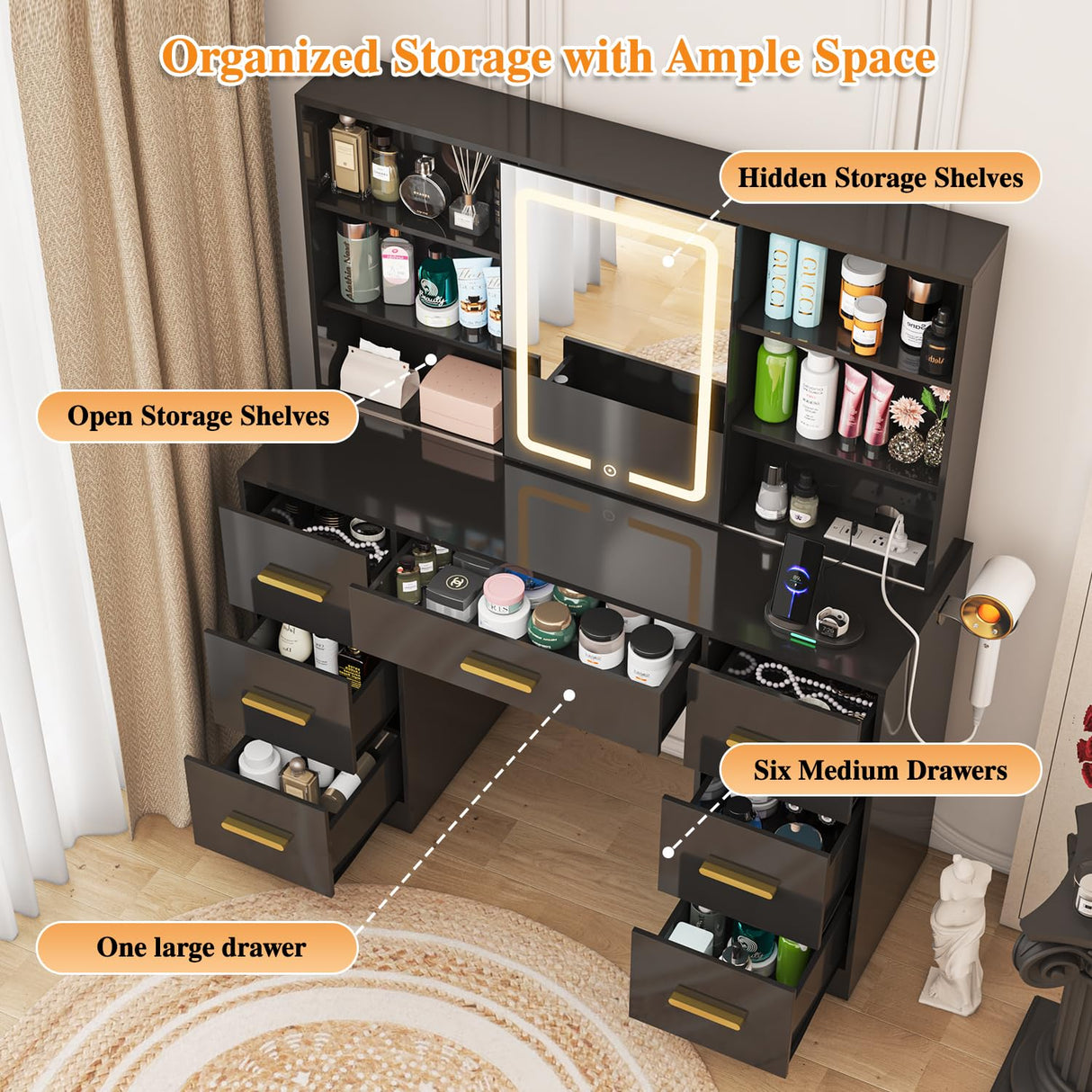 47'' W Large Vanity Desk with Mirror and Lights, 8 Storage Shelves 7 Drawers Vanity Table, Big Makeup Vanity Desk with 3 Lighting Modes, Vanity Dresser with Charging Station, Sliding Mirror (Black) knoworld