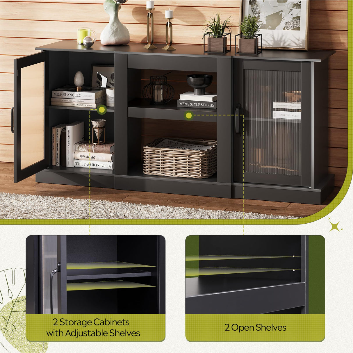 WLIVE Retro TV Stand for 65 inch TV, TV Console Cabinet with Storage, Open Shelves Entertainment Center for Living Room and Bedroom, Black WLIVE