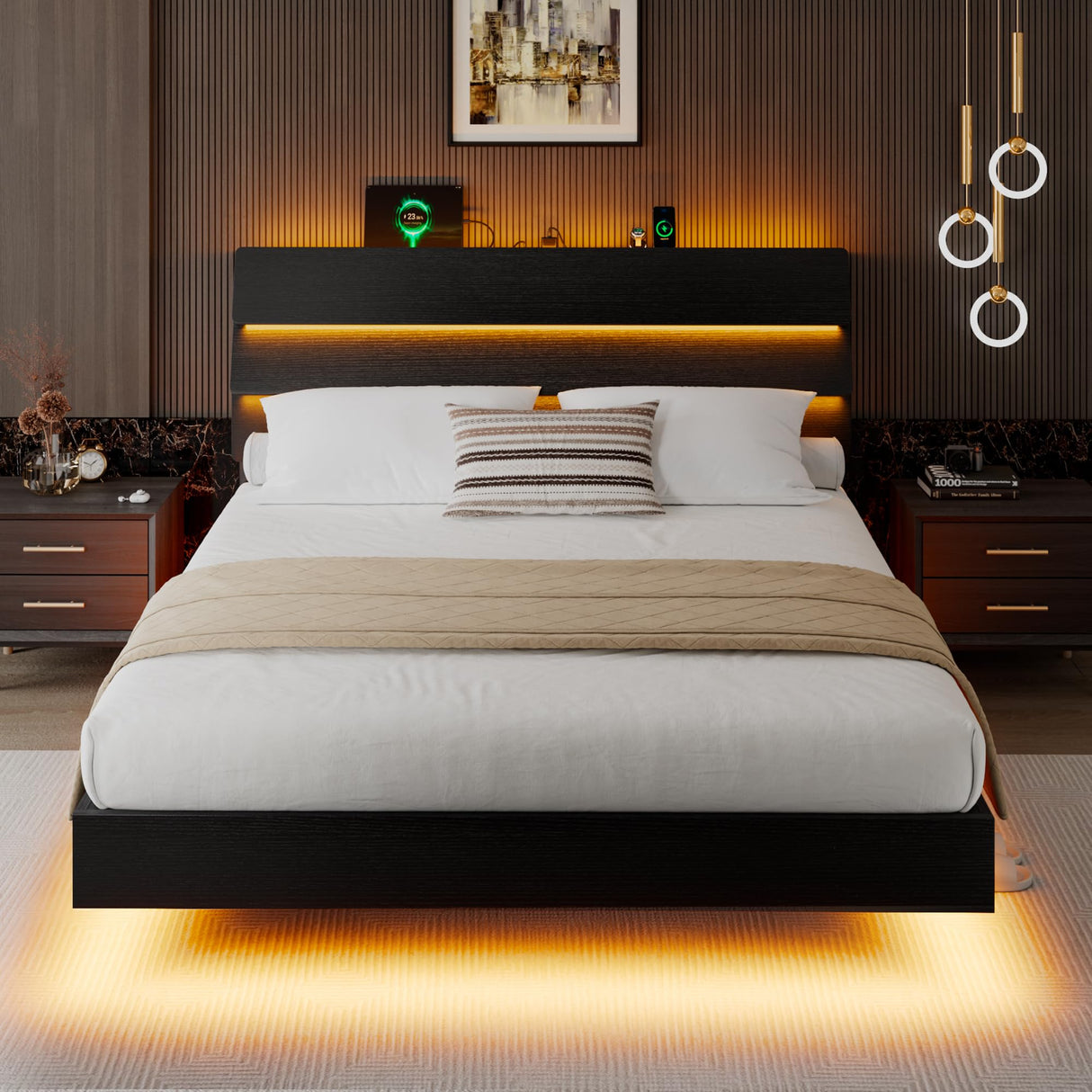 iPormis Queen Floating Bed Frame with LED Lights & Charging Station, Platform Bed with Wooden Storage Headboard, Steel Slats Support, No Box Spring Needed, Easy Assembly, Noise-Free, Black iPormis