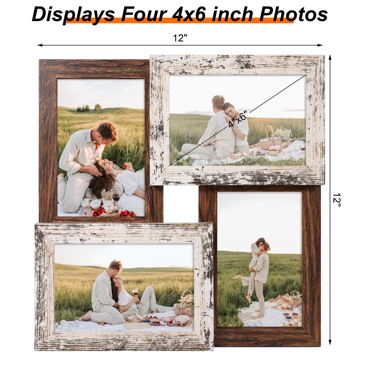 YESKAY 4x6 Collage Picture Frames, Multi Family Photo Frame with Real Glass, Displays Four 4x6 Photo, Wall Decor Wall Hanging or Tabletop, Distressed White+Rustic Brown YESKAY