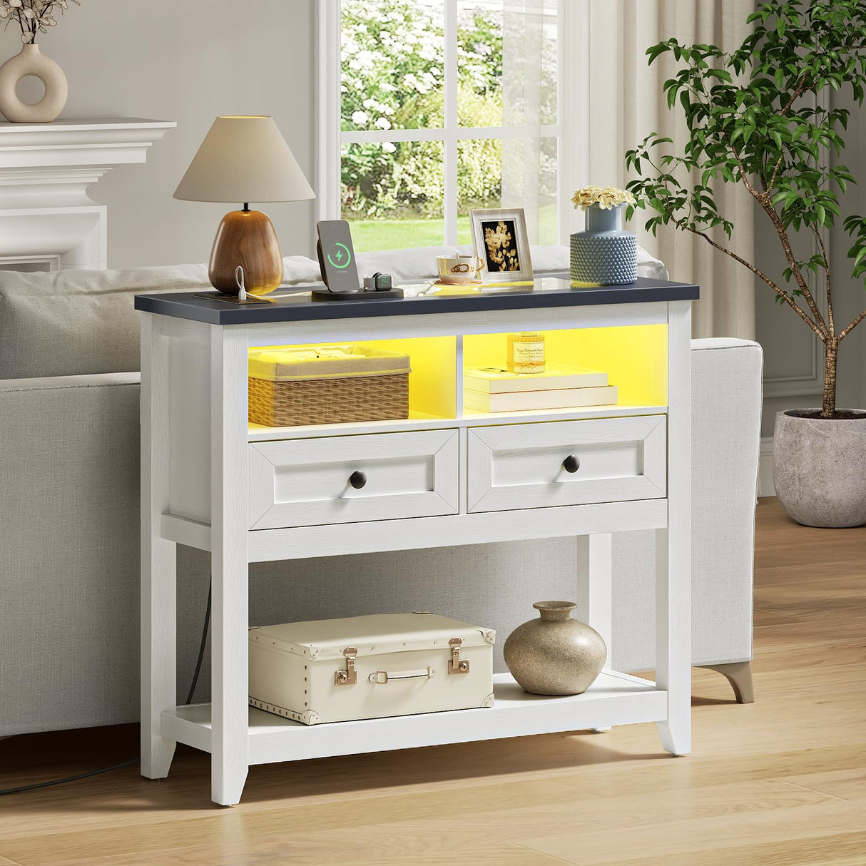 RALGEND Farmhouse Console Table with Charging Station and LED Strip, Entryway Table with 2 Drawers, Sofa Table with Storage, for Entryway, Living Room, Hallway, White and Ink Blue RALGEND
