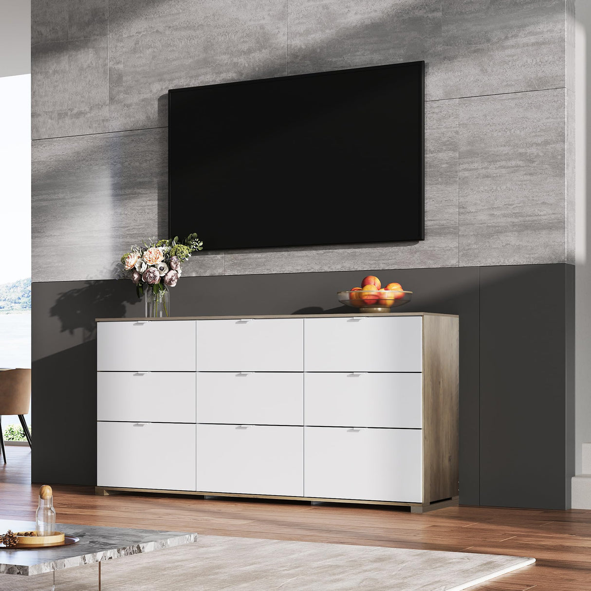 WLIVE 9 Drawer Dresser for Bedroom, 63" Wide Large Wood Chest of Drawers Organize with Sturdy Metal Handle, Modern Dresser for TV Stand, Living Room Office, Hallway, Ball Bearing Slide, Grey Oak WLIVE