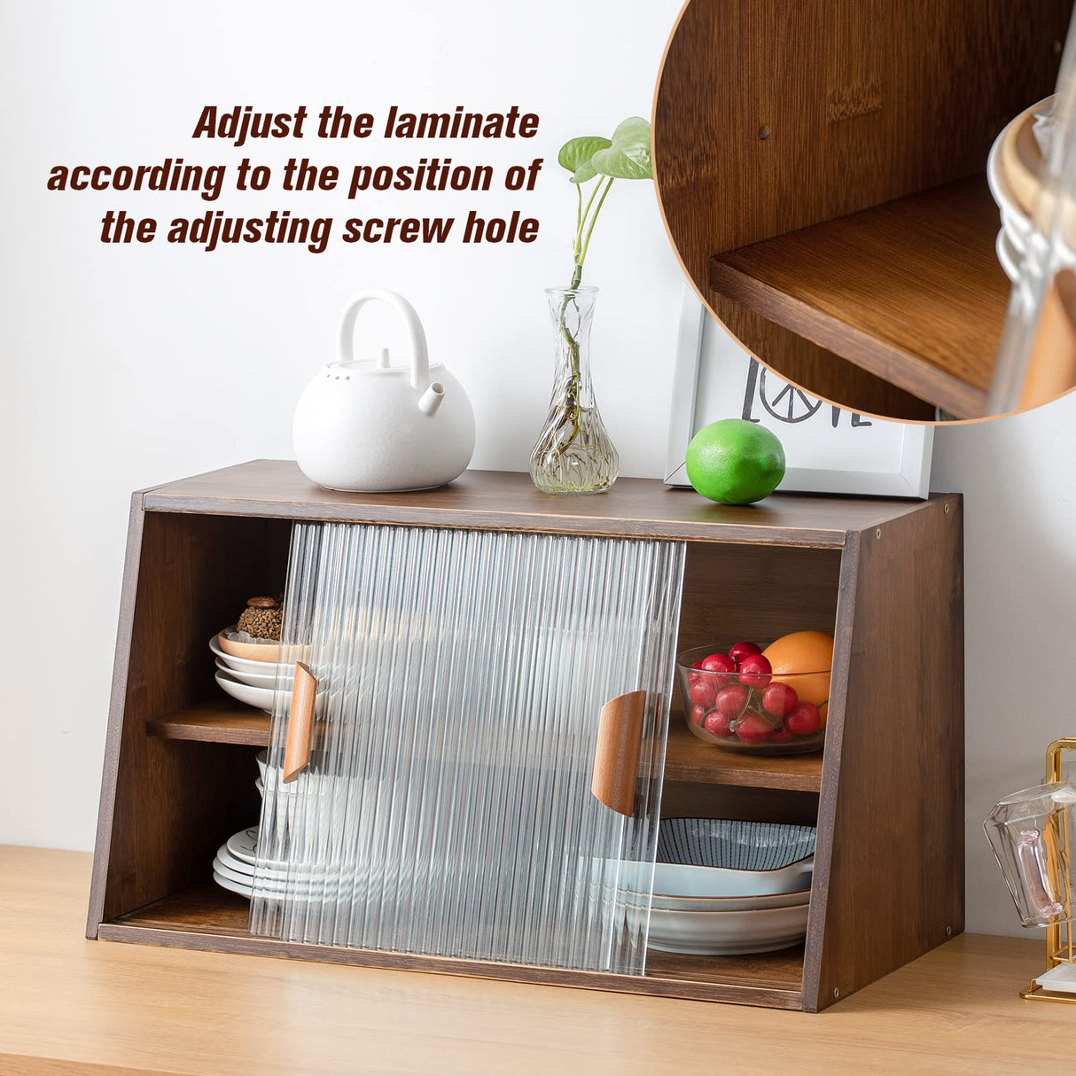 HollyHOME Small Bamboo Kitchen Pantry Sideboard with 2 Sliding Striped Glass Doors, Freestanding Countertop Storage Cabinet for Bottles, Dish, Bowl, Console Dining Cupboard, Walnut HollyHOME