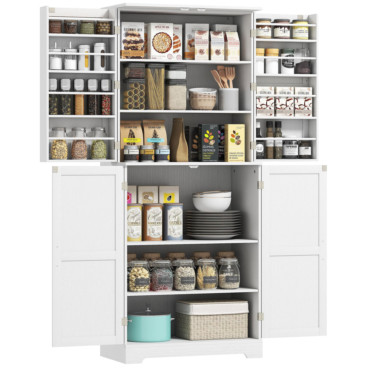 HOMCOM 72" Farmhouse Kitchen Pantry Cabinet, Freestanding Tall Storage Cabinet with 4 Barn Doors, 4 Adjustable Shelves and 8 Door Shelves, Embossed White Wood Grain HOMCOM