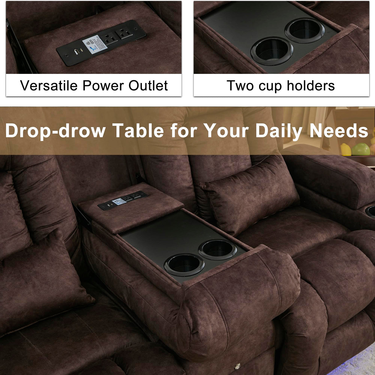 URRED Power Loveseat Recliner Sofa, Velvet Fabric Home Theater Seating with LED Ambient Light, Double Recliner RV Sofa with Flipped Middle Backrest/Bluetooth Speakers/USB/Built-in Outlets, Brown URRED