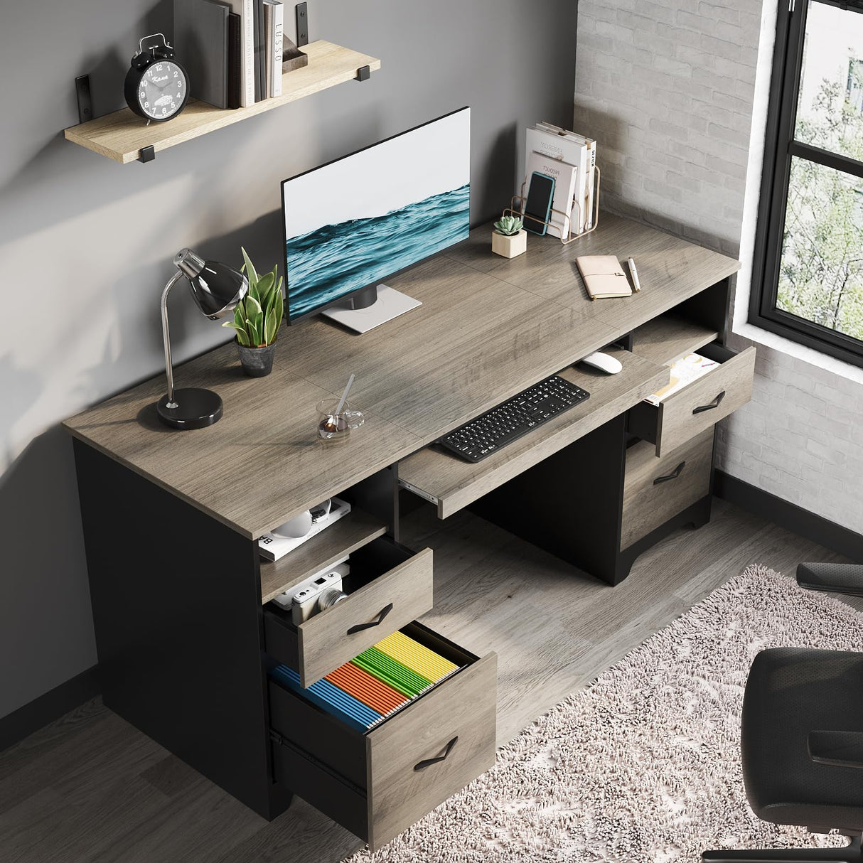 Bestier 59” Computer Desk with 4 Drawers, Office Desk with Storage, Industrial Executive Desk with File Drawer, Keyboard Tray & 2 Pedestals on Both Sides for Home Office & Studio, Grey Bestier