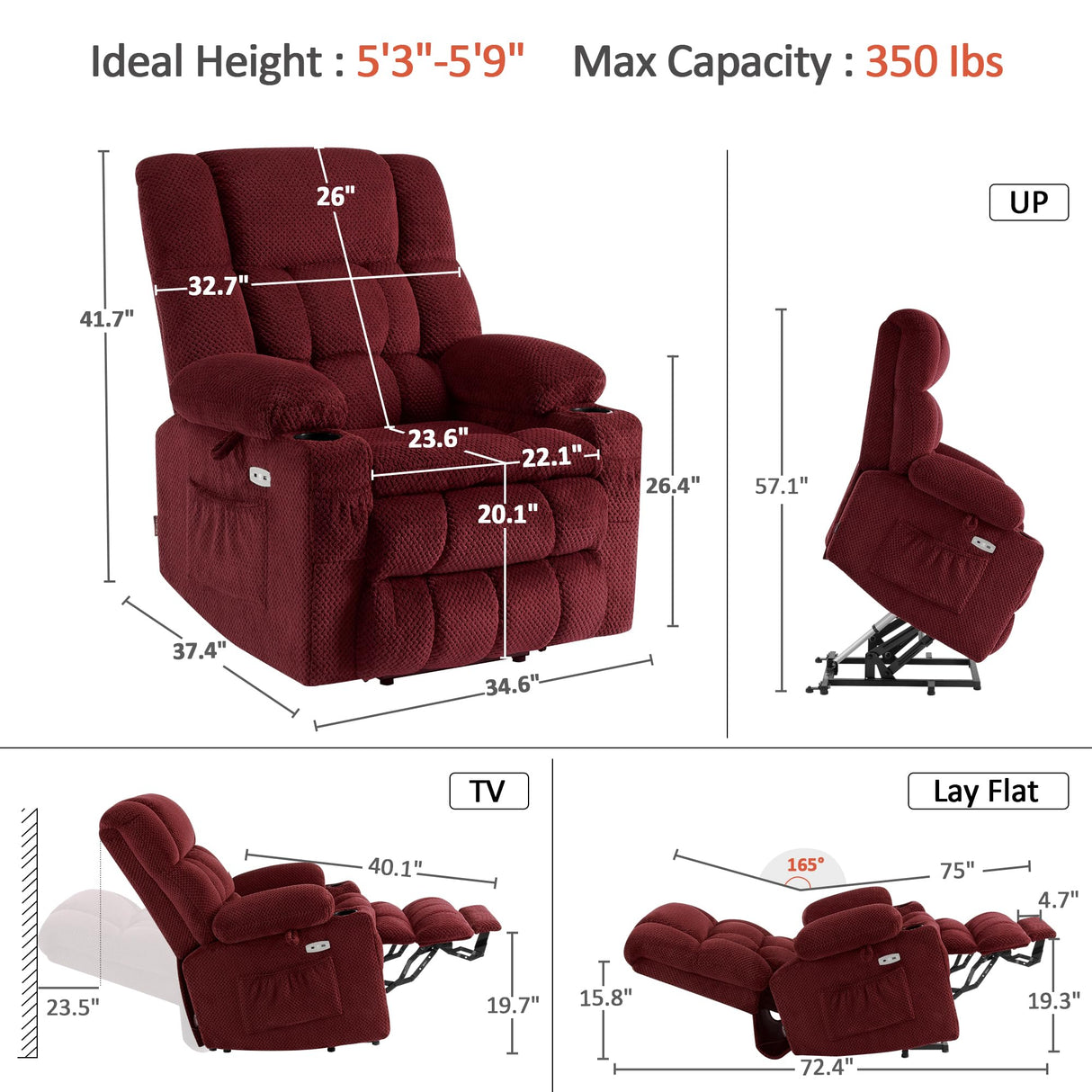 MCombo Dual Motor Power Lift Recliner Chair with Massage and Heat for Elderly People, Infinite Position, USB Ports, Cup Holders, Fabric 7890 (Medium, Burgundy) MCombo