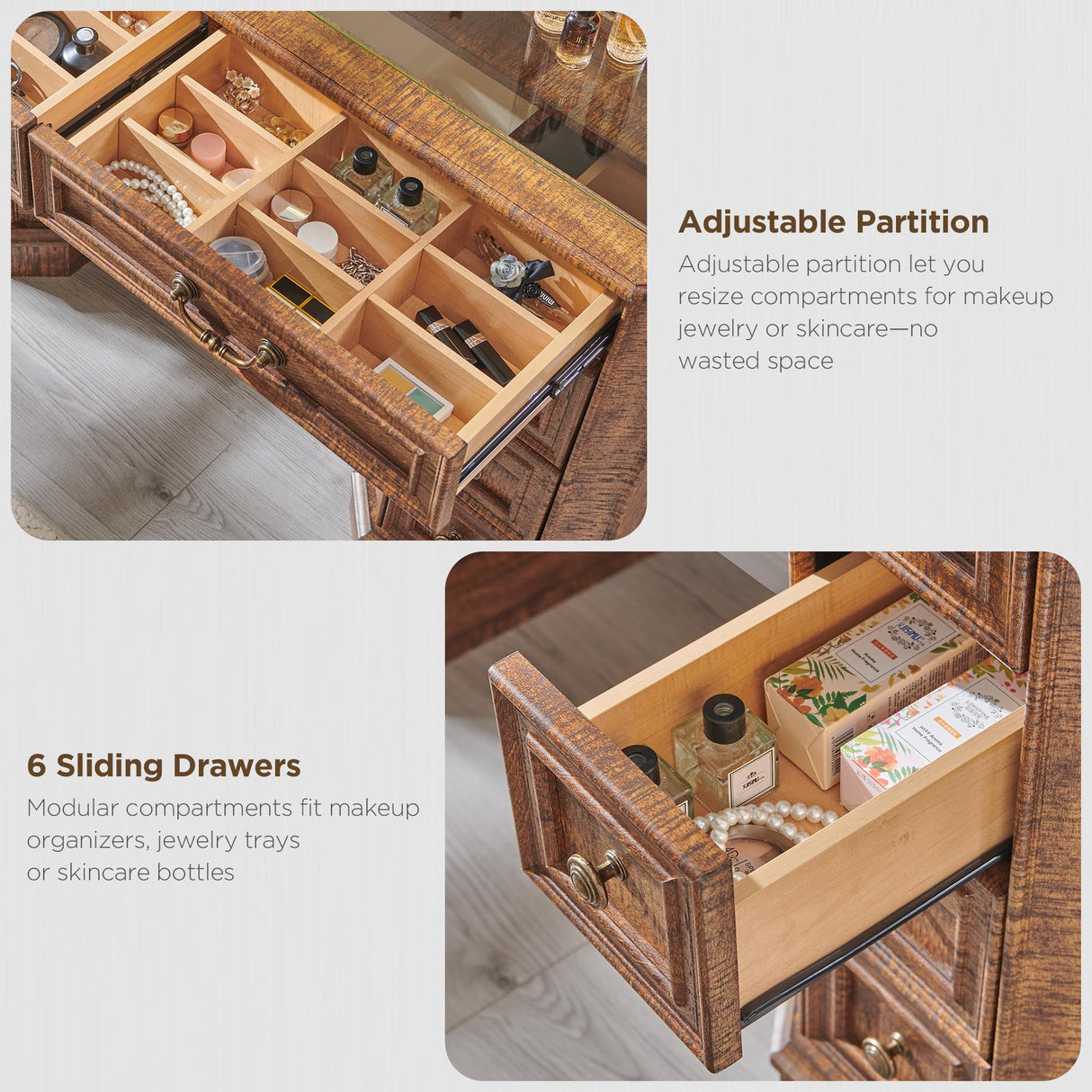 T4TREAM Makeup Vanity Desk with 48" HD Lighted Mirror, Farmhouse Vanity Desk with 8 Drawers, Vanity Table with 3 Color Modes, Dressing Table with Glass Top and Power for Bedroom(Reclaimed Barnwood) T4TREAM