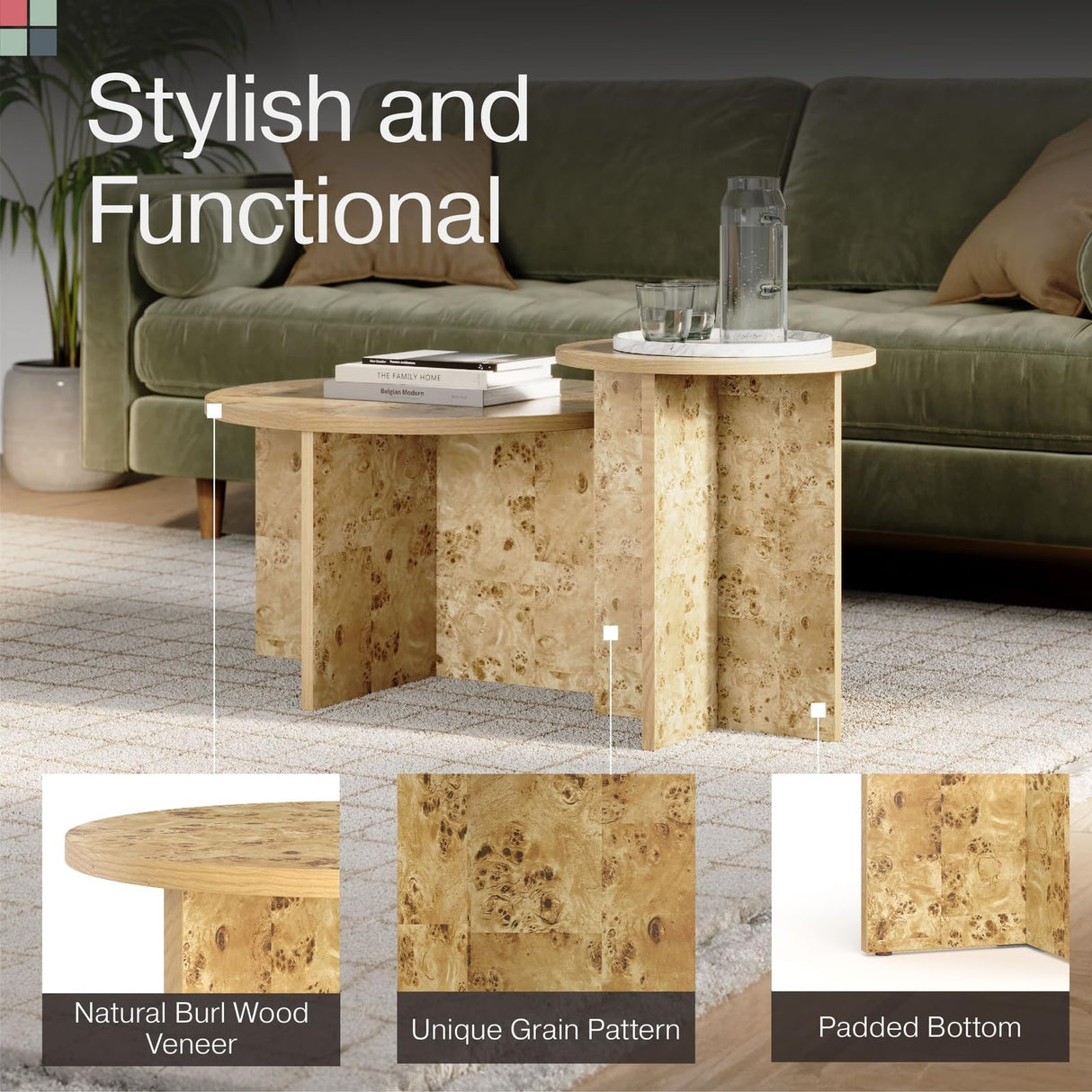 Burl Wood Round Nesting Coffee Tables - Modern Living Room Furniture - Organic Modern Drink Desk - Stylish Home Decor - 2 Piece Tables Set - Burl Top and Base Stead
