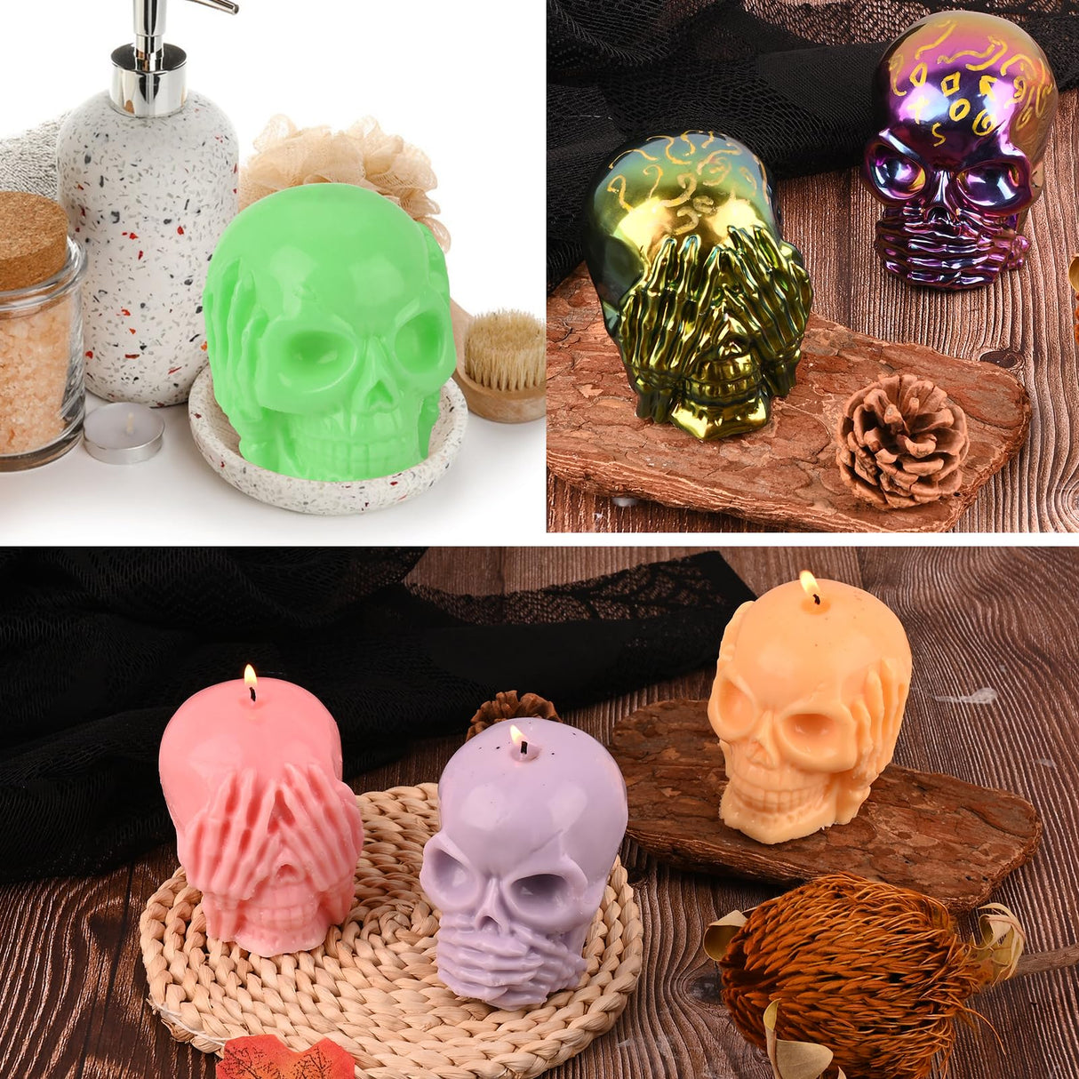 HUAKENER 3 Pack Skull Candle Molds, 3D Skull Resin Molds, Hear-no, Speak-no, See-no Skull Silicone Molds for Candle, Epoxy Resin, Soap, Halloween Cake Decor HUAKENER