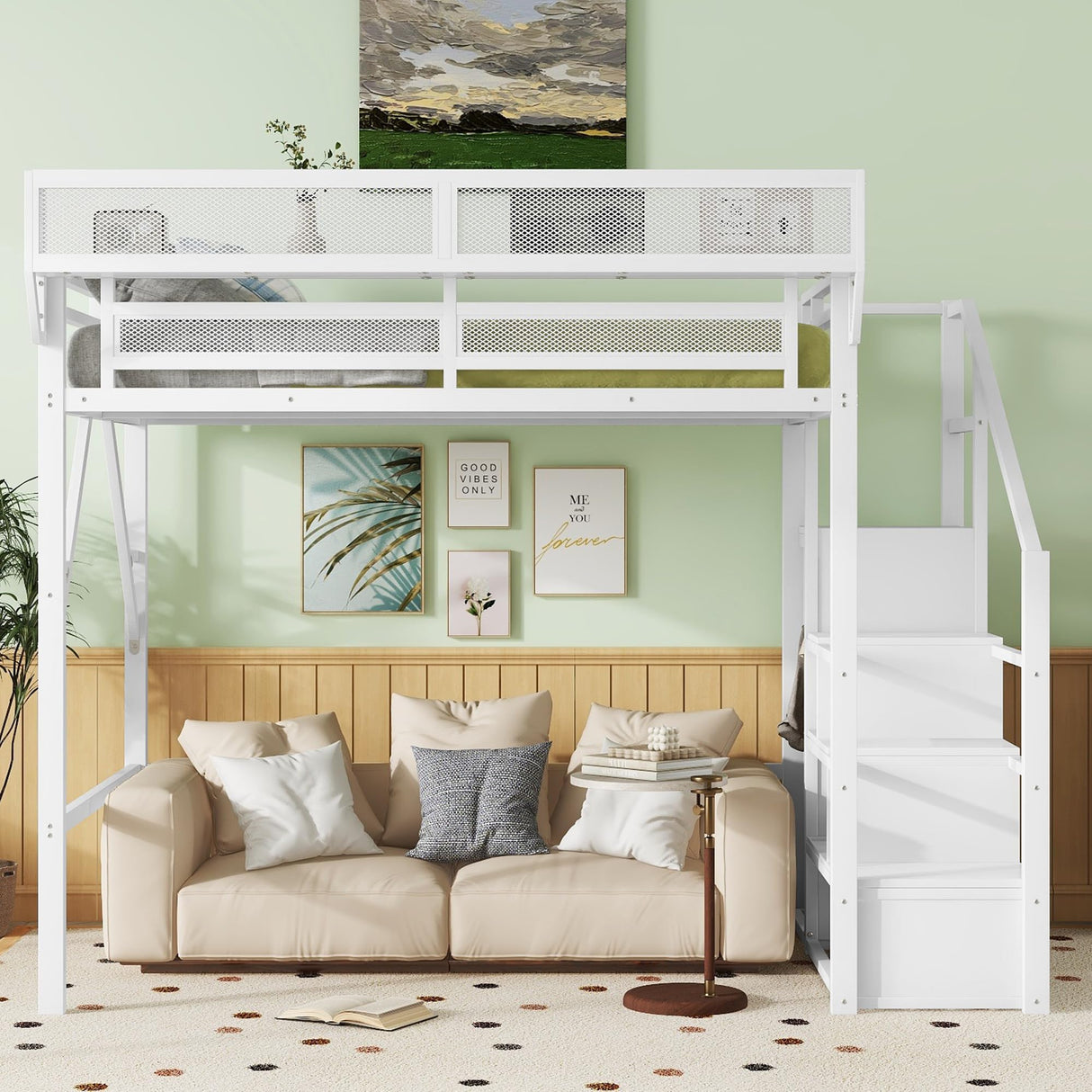 KEIKI Full Size Metal Loft Bed Frame with Convertible Staircase, Built-in Storage Shelves & Wardrobe, Loft Bed with Solid Slats & Guardrail, No Box Spring Required, Easy Assembly, for Bedroom, White KEIKI