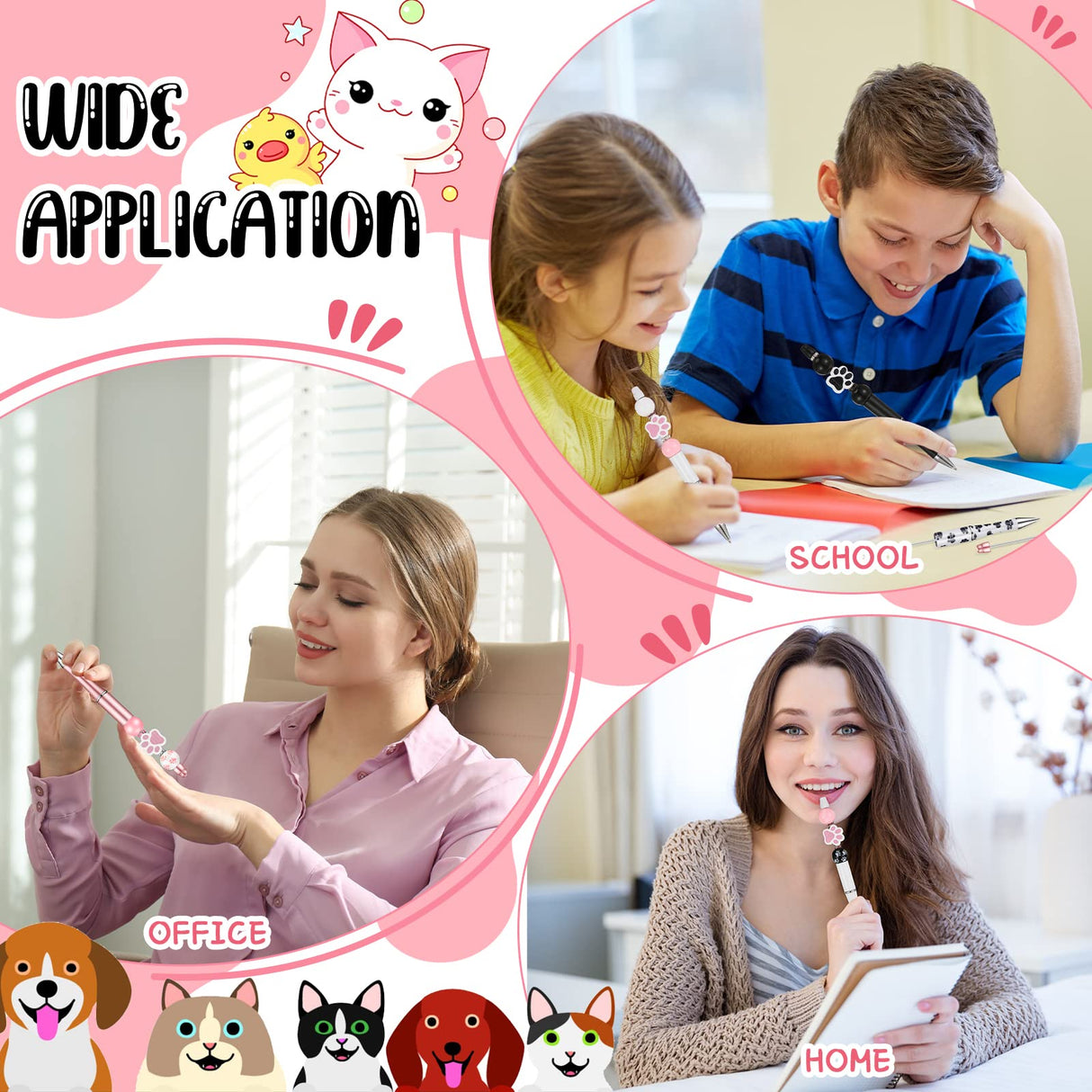 12 Set Plastic Beadable Pens Assorted Bead Pens Wood Beads Crystal Spacer Beads Set Round Beads Black Ink Ballpoint Pen DIY Bead Pen Set for Women Kids Gifts School Office Supplies (Dog Paw) Geyee