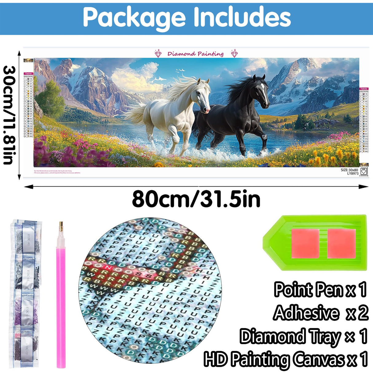 Reofrey Large Diamond Art Kits for Adults Horses, 30x80cm/12x31.5inch Full Drill Round Rhinestone Big Diamond Painting Kit Animals, DIY Cross Stitch Embroidery Canvas for Crafts Home Wall Decor Reofrey