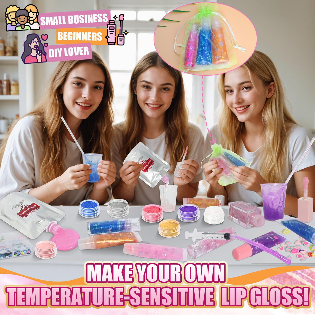 JCOOS Color Changing Lip Oil Kit, 64PCS Make Your Own Flavored Lip Gloss, Moisturizing Lipgloss Sets for Girls & Kids Jcoos