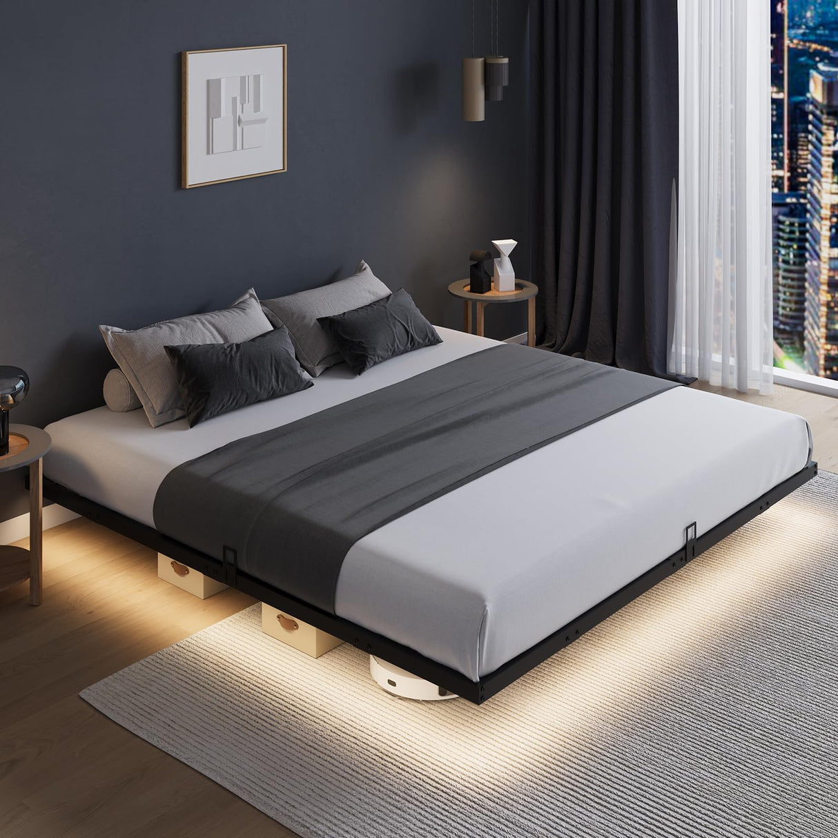 Novilla Floating Bed Frame with LED Lights, Modern Platform King Size Bed Frame with Mattress Slide Stopper, Easy Assembly, No Box Spring Needed, Noise Free Novilla