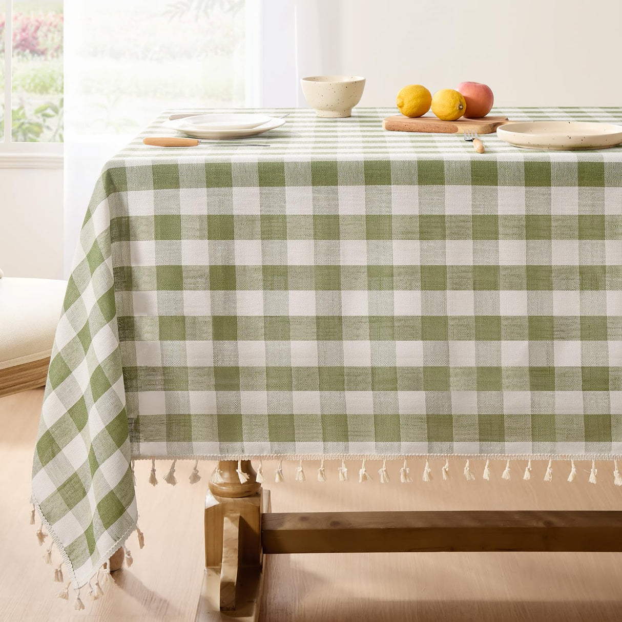 Softalker Spring Checkered Tablecloth Rectangle, Heavy Weight Linen Cotton Gingham Boho Table Cloth with Tassel, Wrinkle Free Buffalo Plaid Table Cover for Dining/Party/Outdoor - 55 x 84 Inch, Sage Softalker