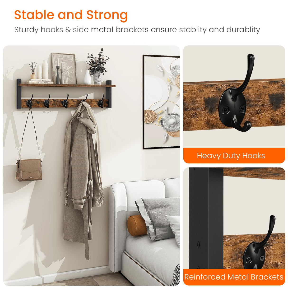 Homode Coat Rack with Shelf Wall Mount, 24 Inch Long Entryway Wall Shelf with Hooks, Wood Hanger with Storage Shelf for Bathroom, Hallway, Rustic Brown Black Homode