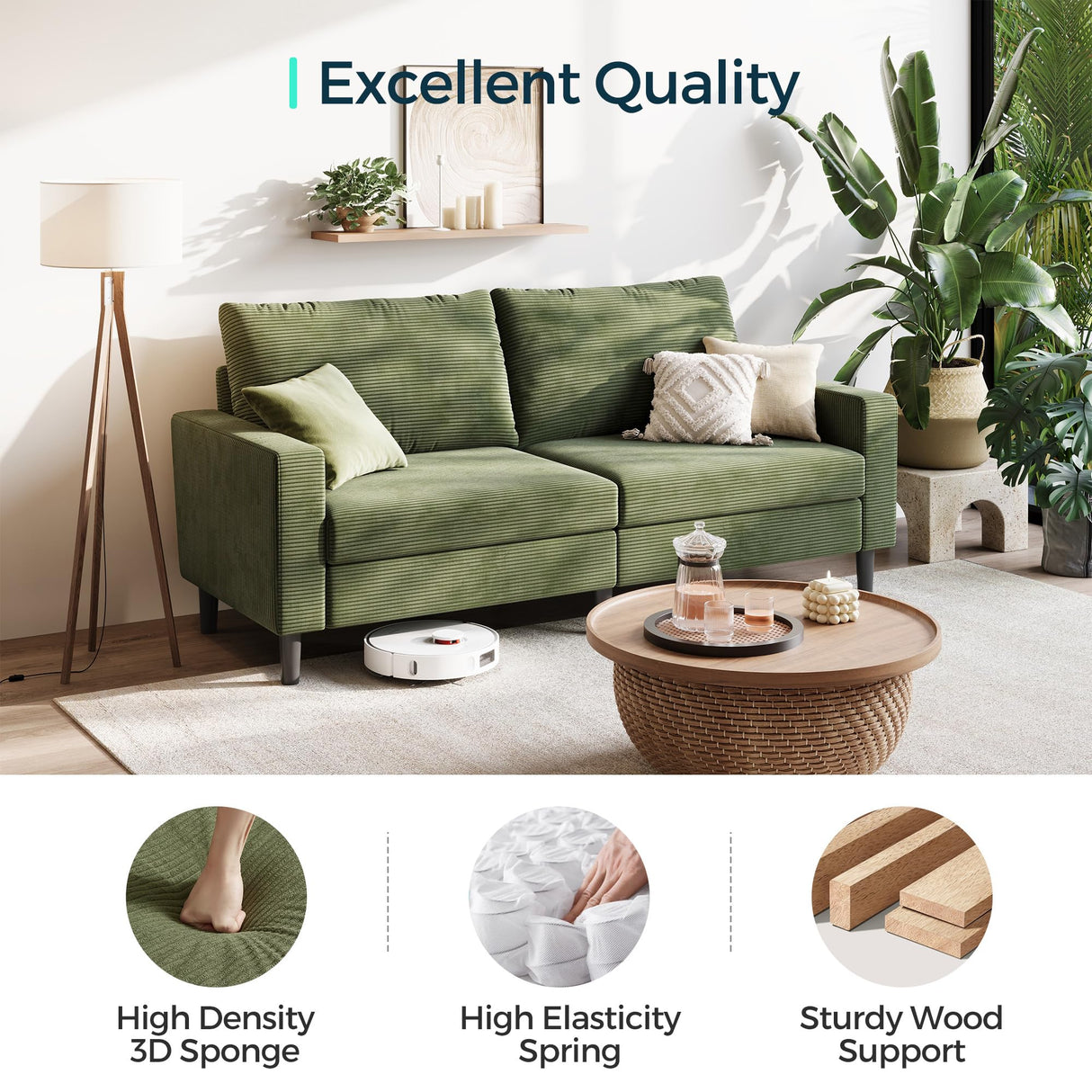 LINSY Modern Loveseat Sofa Couches for Living Room, Comfy Corduroy Sofa, Adjustable Seat Depth, Extra Deep Seats, Solid Wood Frame, Removable Cover, Love Seat Couch for Small Spaces (79inch, Green) LINSY