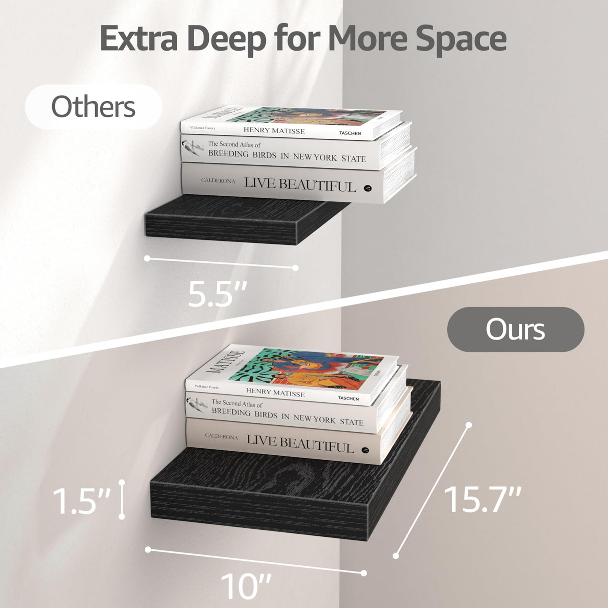 QEEIG 10" Deep Floating Shelves for Wall - 10 x 16 inch Book Shelf Bathroom Bedroom Kitchen Living Room Hanging Bookshelf Farmhouse Set of 3, Black (025-40B3) QEEIG