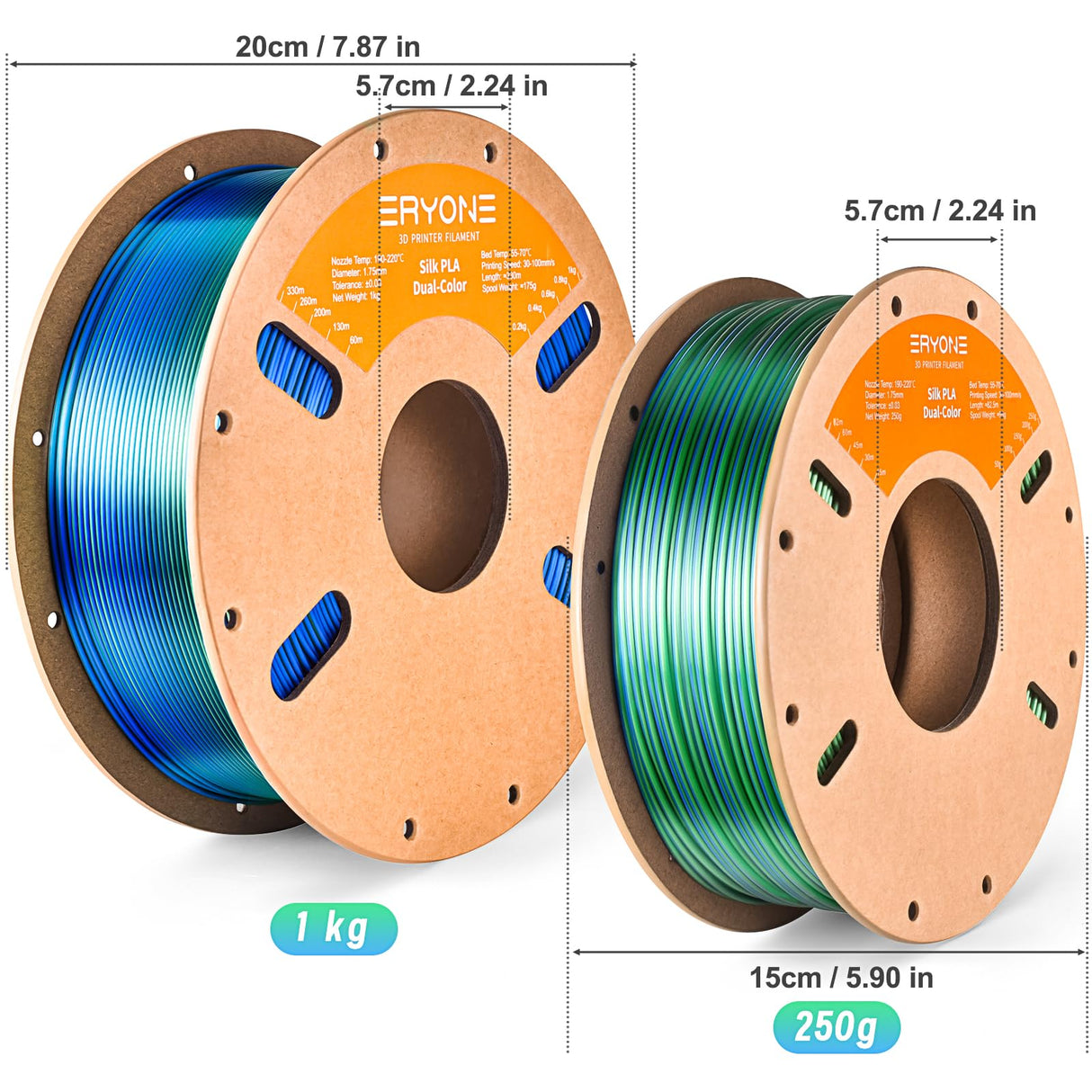 ERYONE Silk Dual Color PLA Filament 3D Printer 1.75mm +/- 0.03mm, Bicolor Filament Two Tone PLA 250G(0.55lbs) Cardboard Spool, Blue Green ERYONE