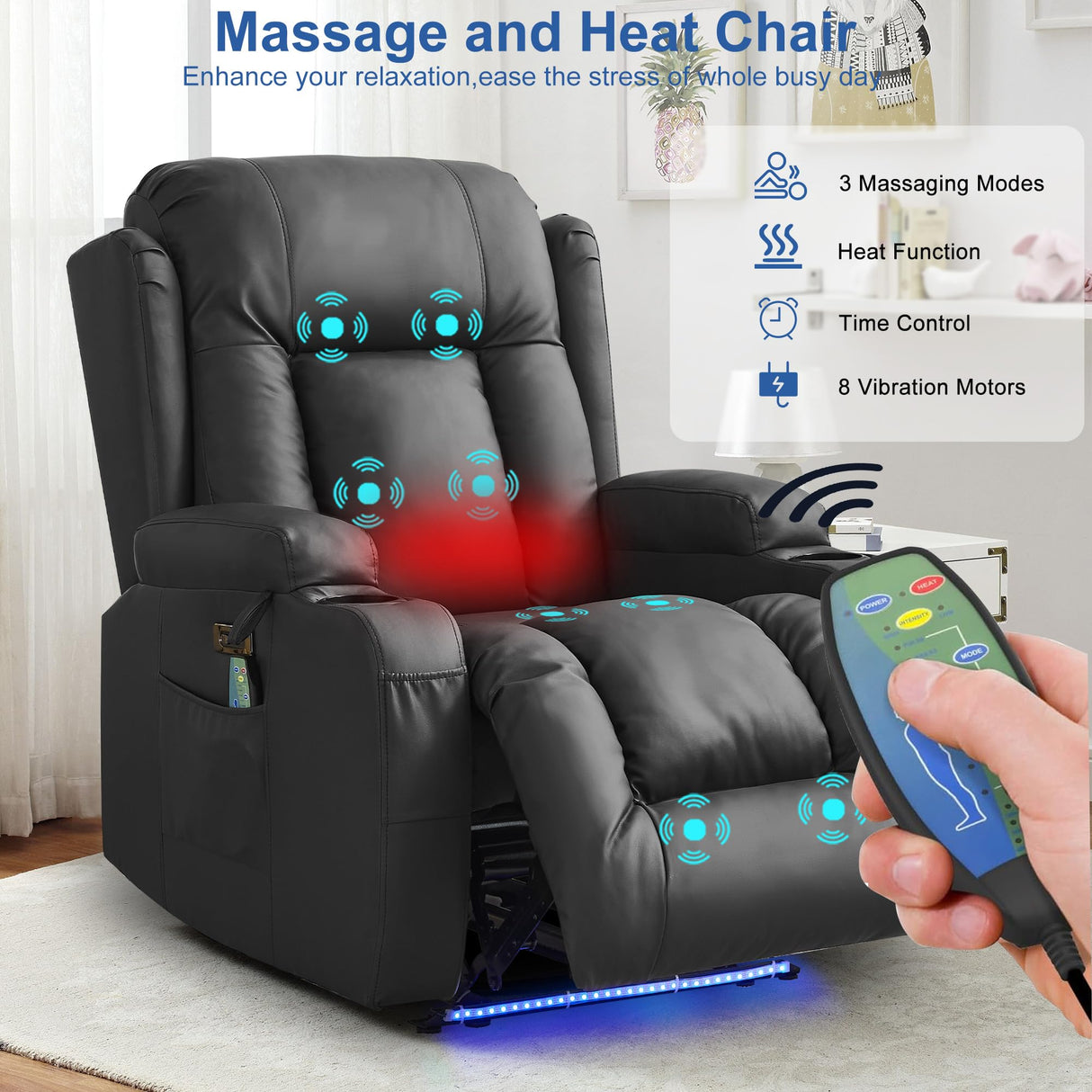 URRED Recliner Chair with Massage and Heat, Power Reclining Sofa Chair Home Theater Seating with LED Ambient Light, USB Ports, Cup Holders, Side Pockets, Faux Leather, Black URRED