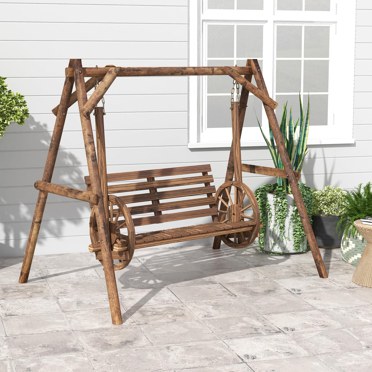 Outsunny 2-Seat Porch Swing with A-Frame Stand, Wooden Log Patio Swing Chair Bench with Wagon Shaped Armrests for Garden, Poolside, Backyard, Carbonized Brown Outsunny
