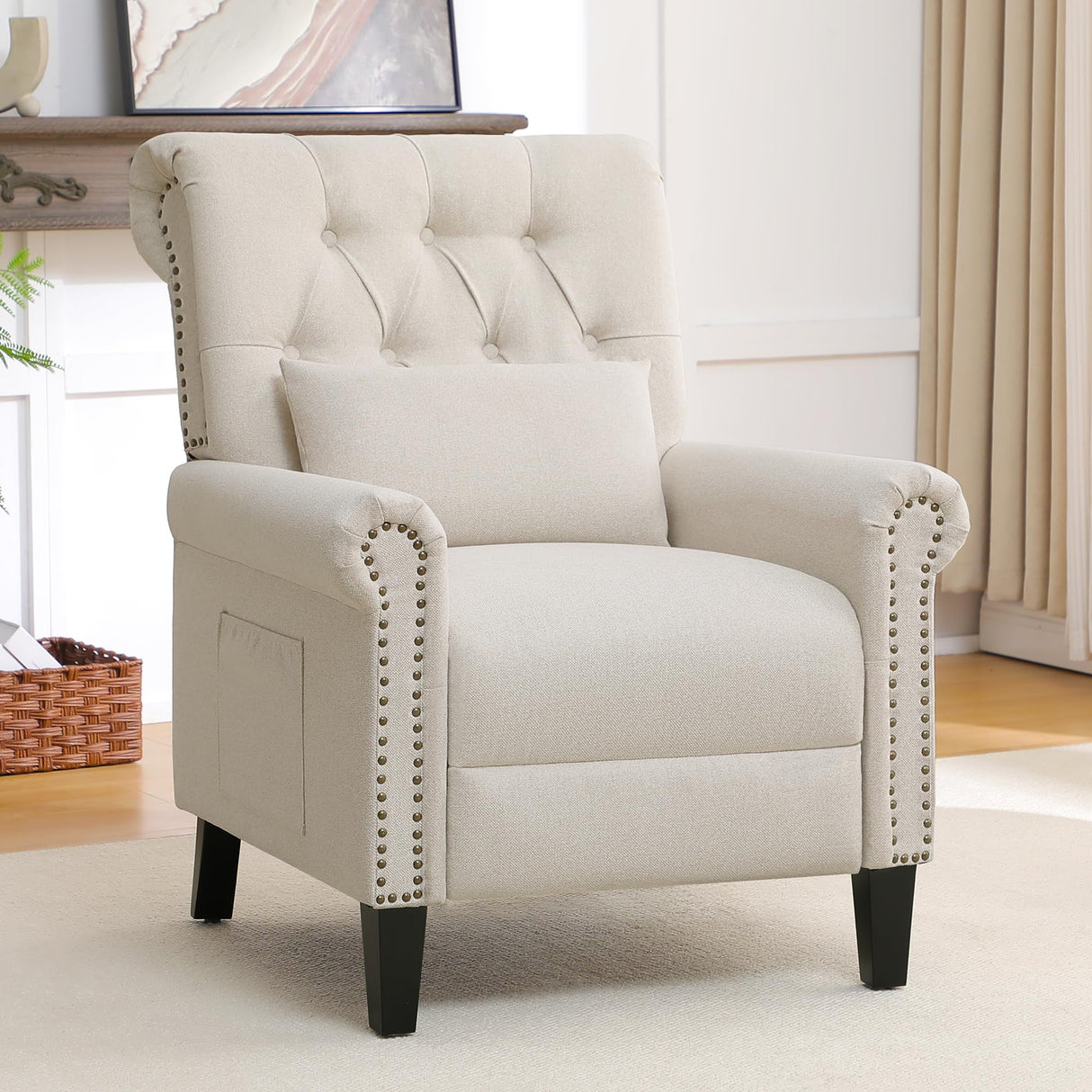 choairy Pushback Recliner Chair, Accent Push Back Chair Set of 2 with Adjustable Footrest Wingback, Upholstered Linen Reclining Sofa with Side Pocket, Comfy Modern Armchair for Living Room, Khaki choairy