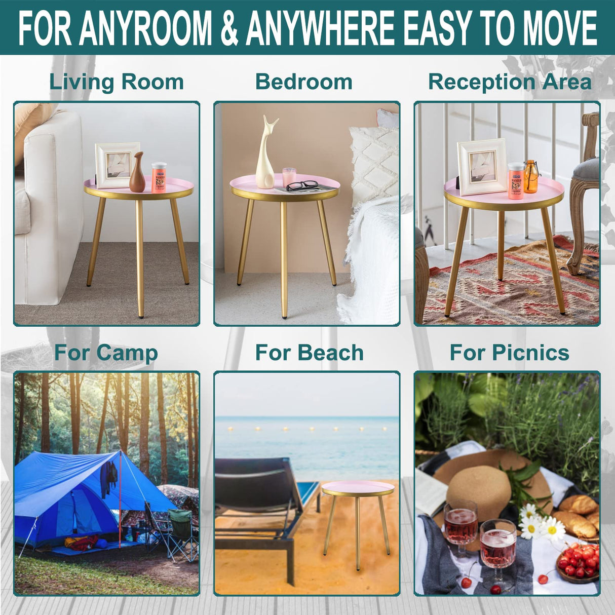 AOJEZOR Night Stands,Small Nightstand Bed Side Table for Kids Room,End Tables Round Nightstand for Bedroom,Pink Metal Tray End Table with Gold Legs Base AOJEZOR