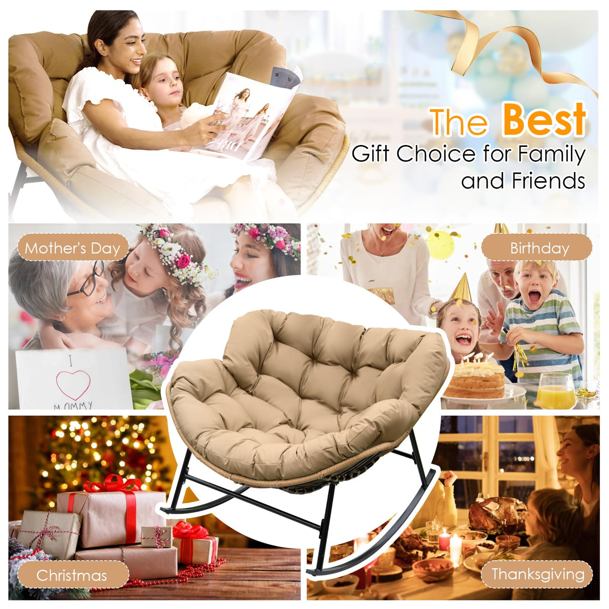 RADIATA Rocking Egg Chair with Thicken Cushion, Indoor Outdoor Oversized Rocker Lounge Chair, Water Resistant Cushion Cover, Metal Frame 450 lbs Weight Capacity, for Patio, Porch, Garden, Bedroom RADIATA