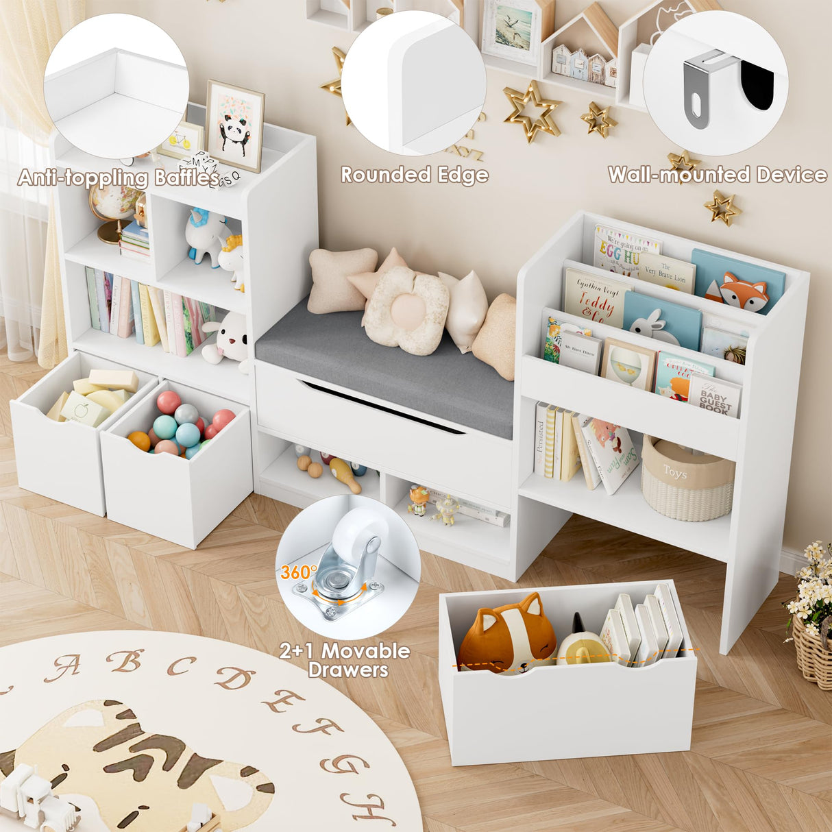 FOTOSOK 72” Kids Bookshelf with Reading Nook, Large Toy Storage Organizer with Seat Cushion and 3 Movable Drawers, Kids Reading Nook Toy Organizers and Storage with Bench for Living Room, White FOTOSOK