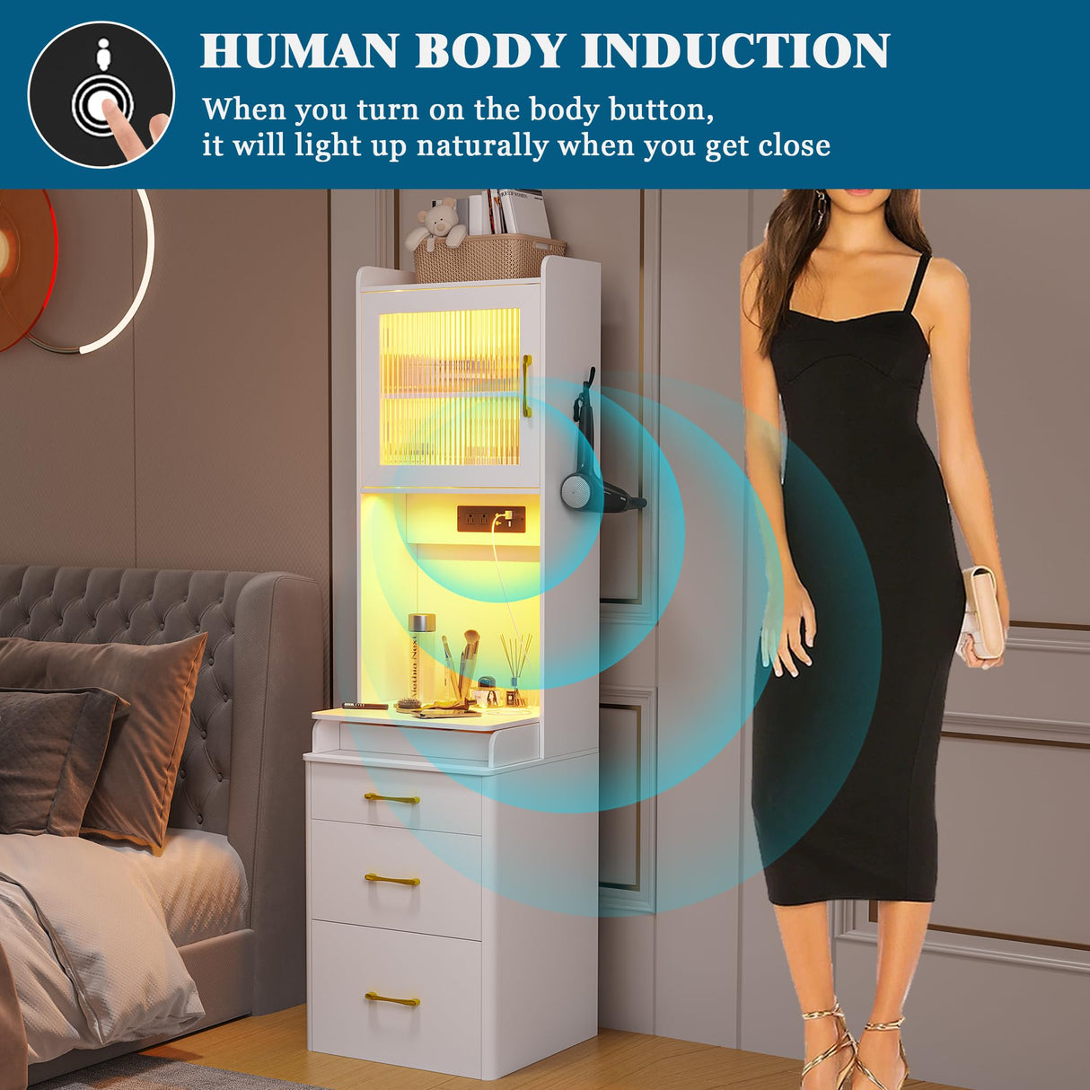 WOOVIVS Small Vanity Desk with Plip-up Mirror and Lights, Makeup Vanity Dresser with Charging Station, LED Vanities Dressing Table Set with Drawers&Stool for Bedroom,Checkroom (White,1PCS) WOOVIVS